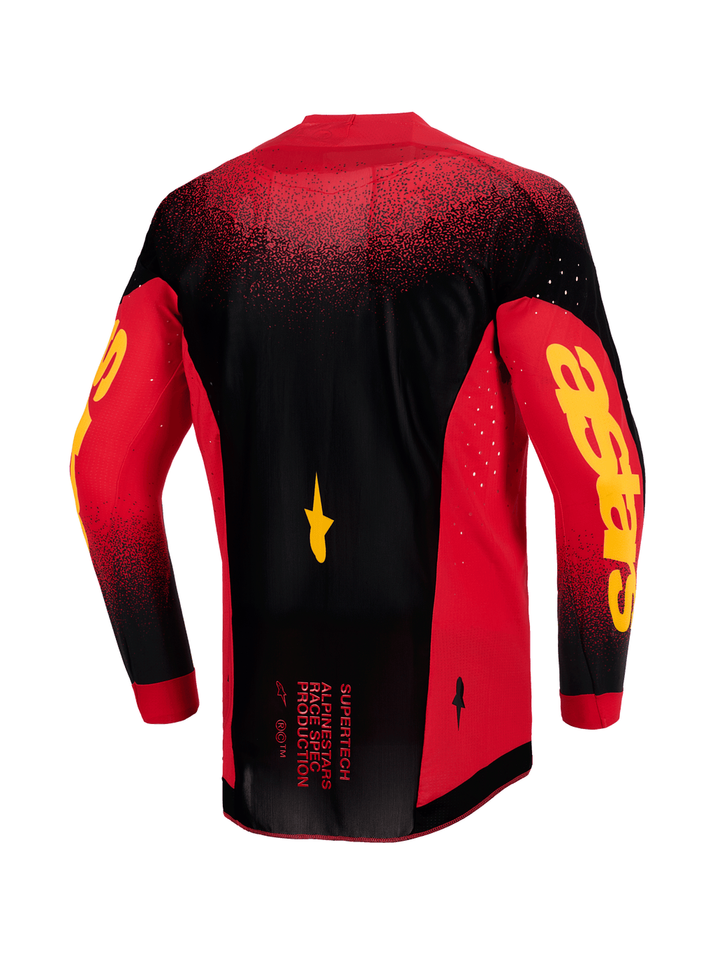 Alpinestars Supertech Scenz Jersey 2026, vista posteriore, rosso, nero e giallo, maglia da motocross professionale con mesh elasticizzato leggero, ventilazione tagliata al laser, marchio Astars giallo sulle maniche e bordo posteriore allungato per performance racing