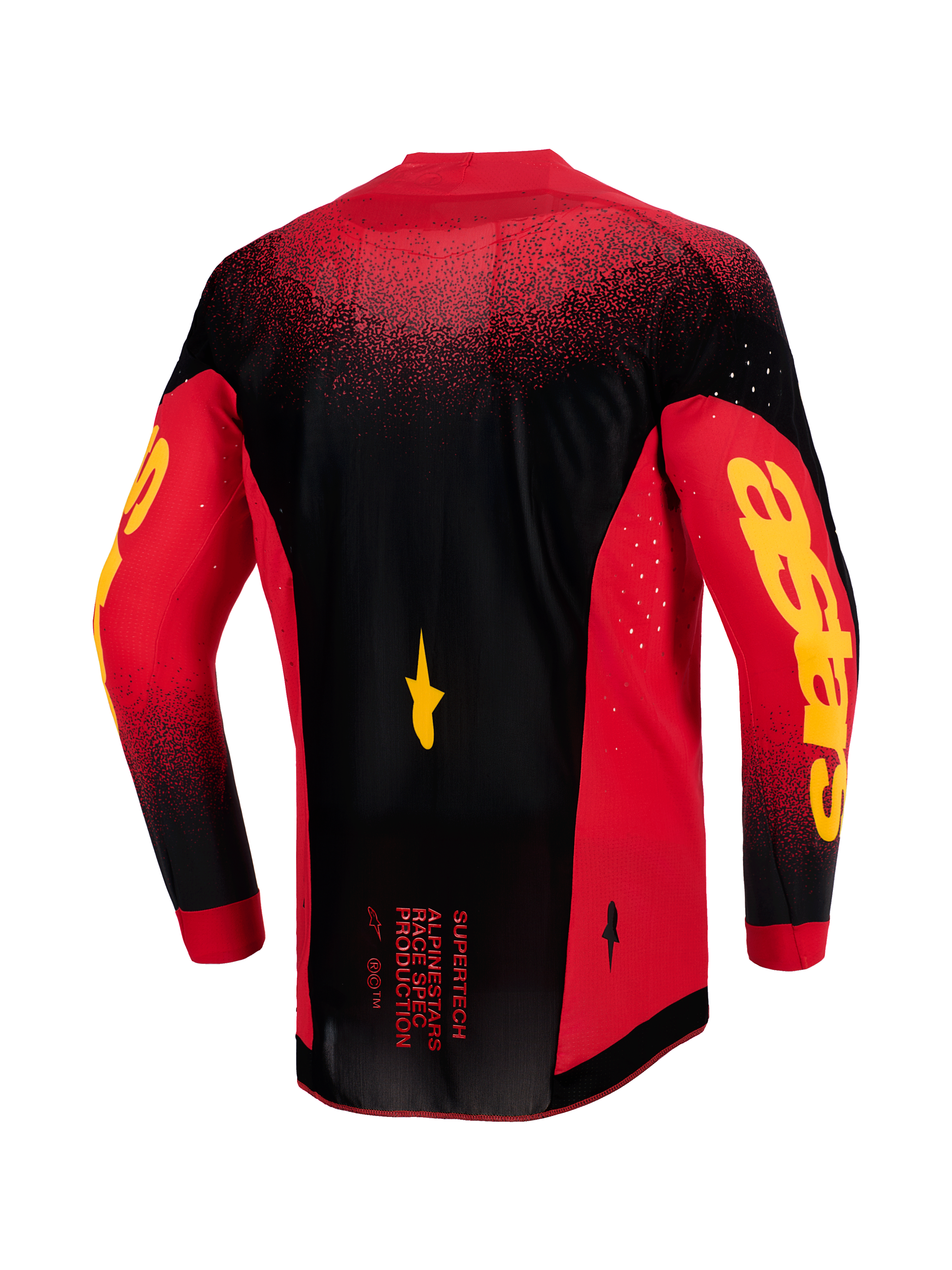 Alpinestars Supertech Scenz Jersey 2026, vista posteriore, rosso, nero e giallo, maglia da motocross professionale con mesh elasticizzato leggero, ventilazione tagliata al laser, marchio Astars giallo sulle maniche e bordo posteriore allungato per performance racing