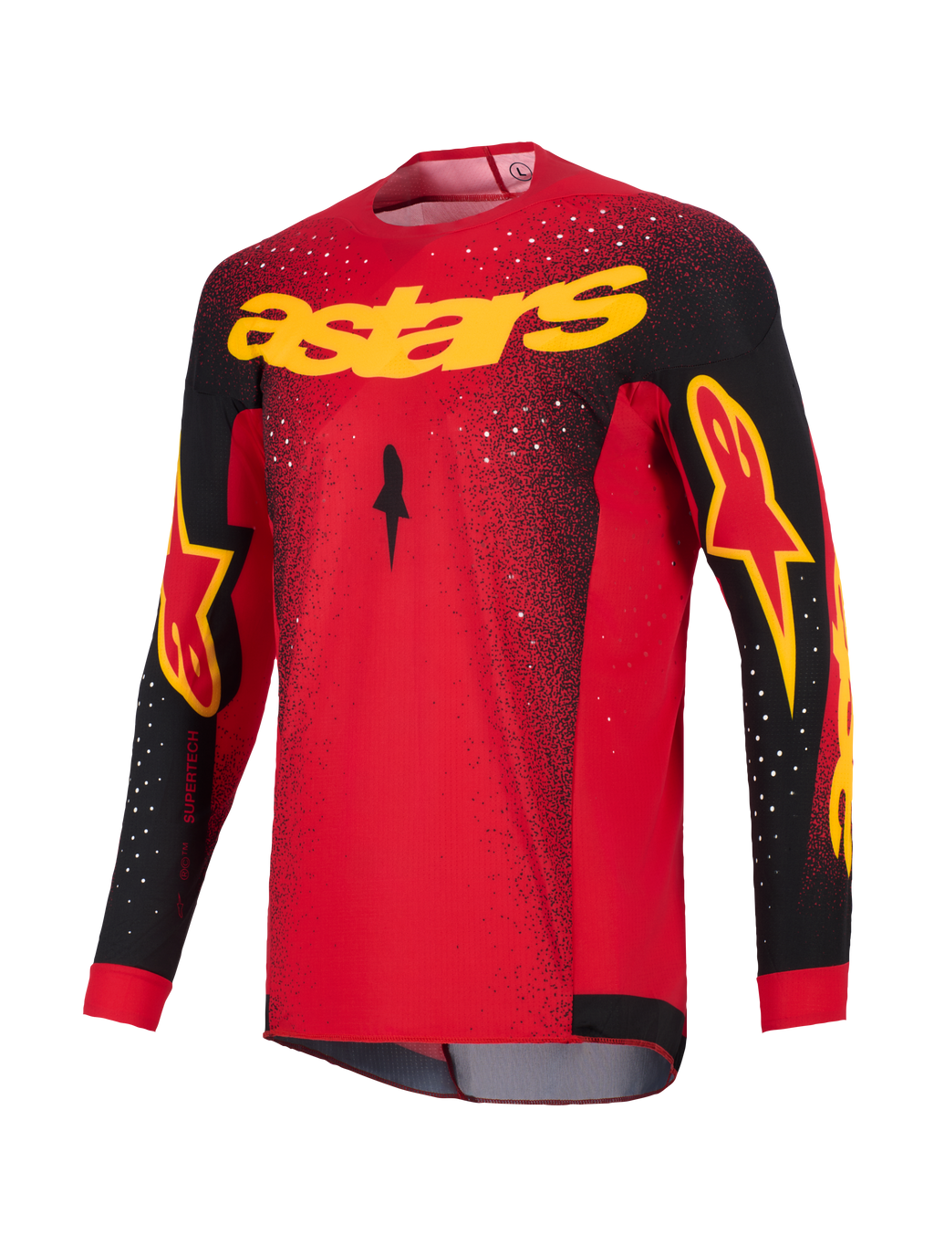 Alpinestars 2026 Supertech Scenz Jersey, maglia da motocross, rosso, nero e giallo, con marchio 'astars' giallo sul petto, maniche nere con dettagli del logo e motivo punteggiato bianco sulle spalle e sulla parte superiore del corpo