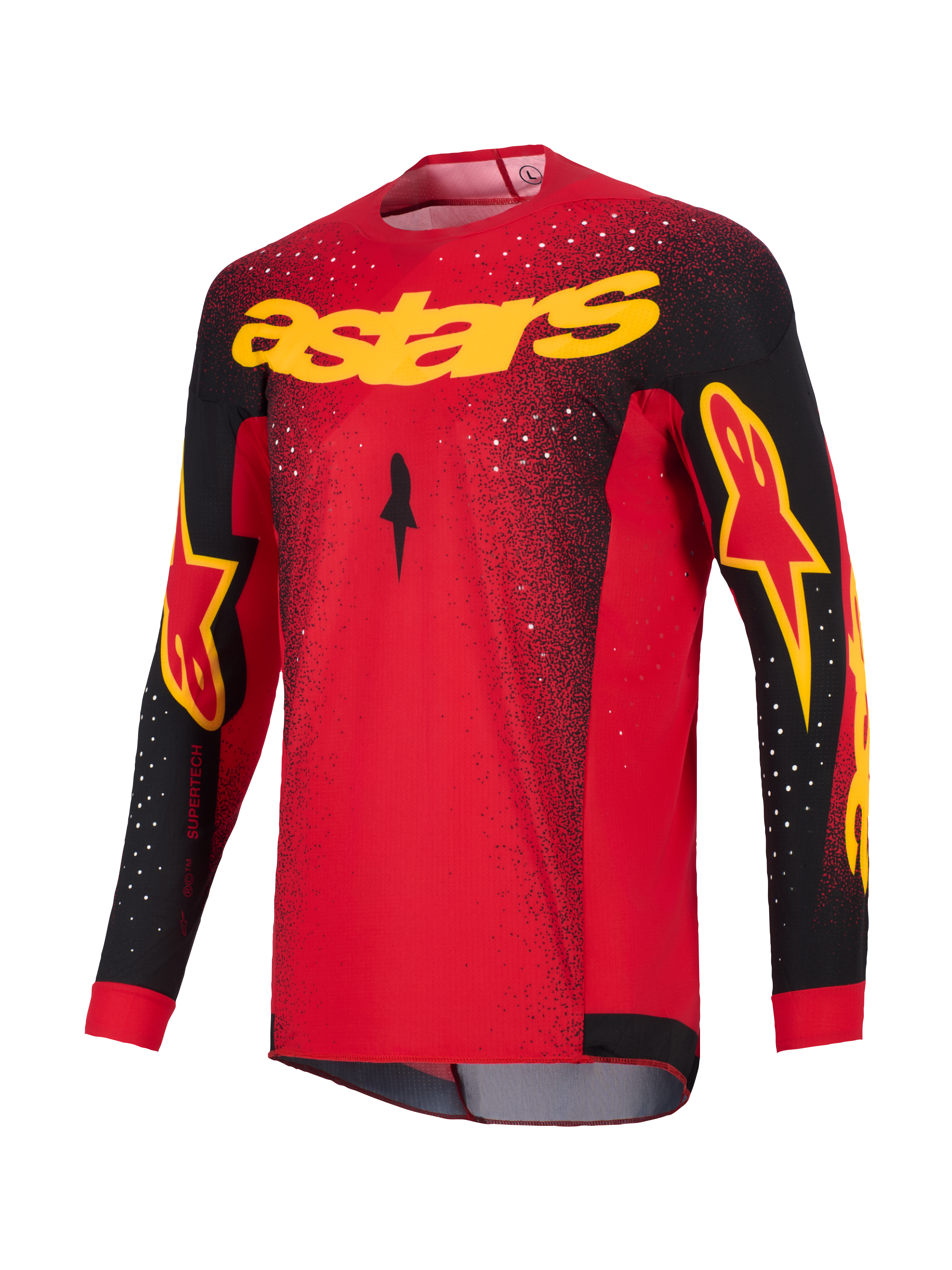 Alpinestars 2026 Supertech Scenz Jersey, maglia da motocross, rosso, nero e giallo, con marchio 'astars' giallo sul petto, maniche nere con dettagli del logo e motivo punteggiato bianco sulle spalle e sulla parte superiore del corpo
