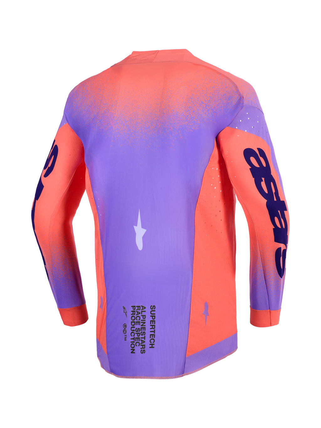 Alpinestars 2026 Supertech Scenz Jersey, maglia da motocross, Hot Coral e Purple, vista posteriore con telaio in mesh elasticizzato leggero, perforazioni laser per la ventilazione e branding evidente sulle maniche e sulla parte inferiore della schiena.