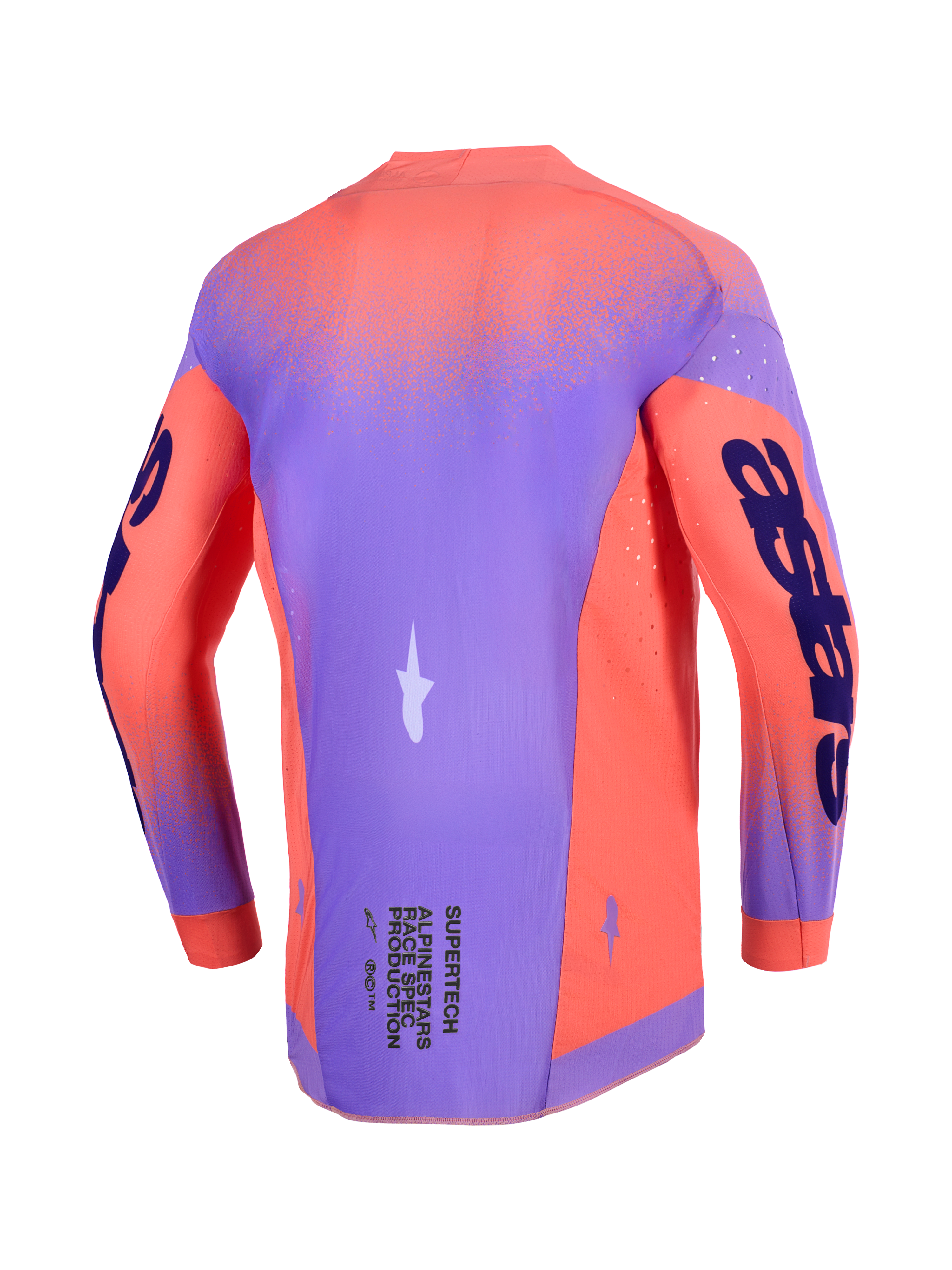 Alpinestars 2026 Supertech Scenz Jersey, maglia da motocross, Hot Coral e Purple, vista posteriore con telaio in mesh elasticizzato leggero, perforazioni laser per la ventilazione e branding evidente sulle maniche e sulla parte inferiore della schiena.