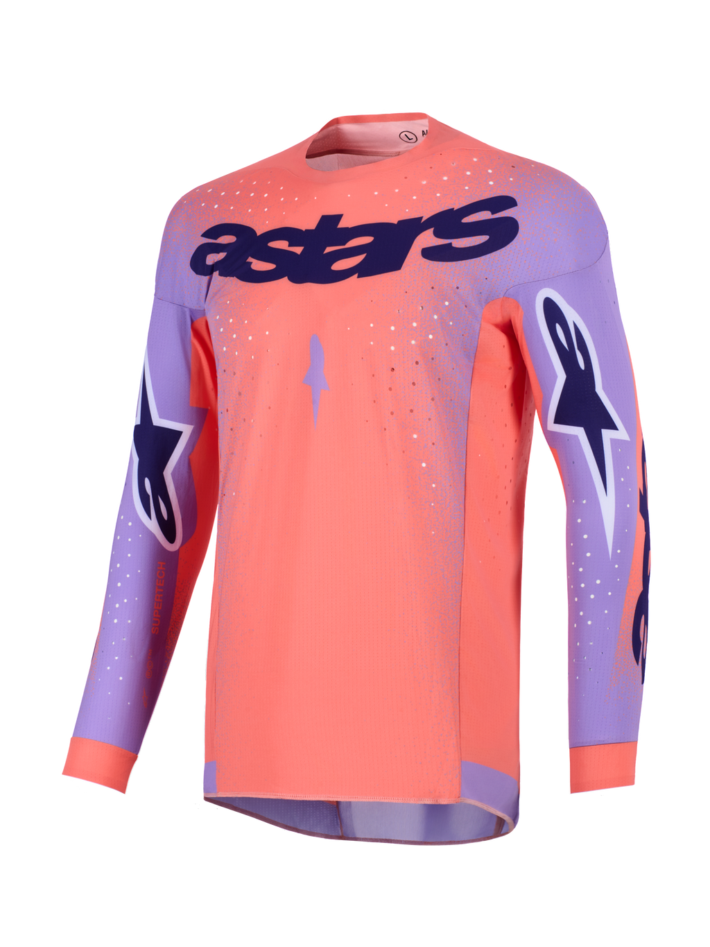 Alpinestars 2026 Supertech Scenz Jersey, maglia da motocross, Hot Coral e viola, con grande marchio 'astars' viola sul petto, loghi a stella sulle maniche e pannelli in mesh traforato per gare fuoristrada ad alte prestazioni.