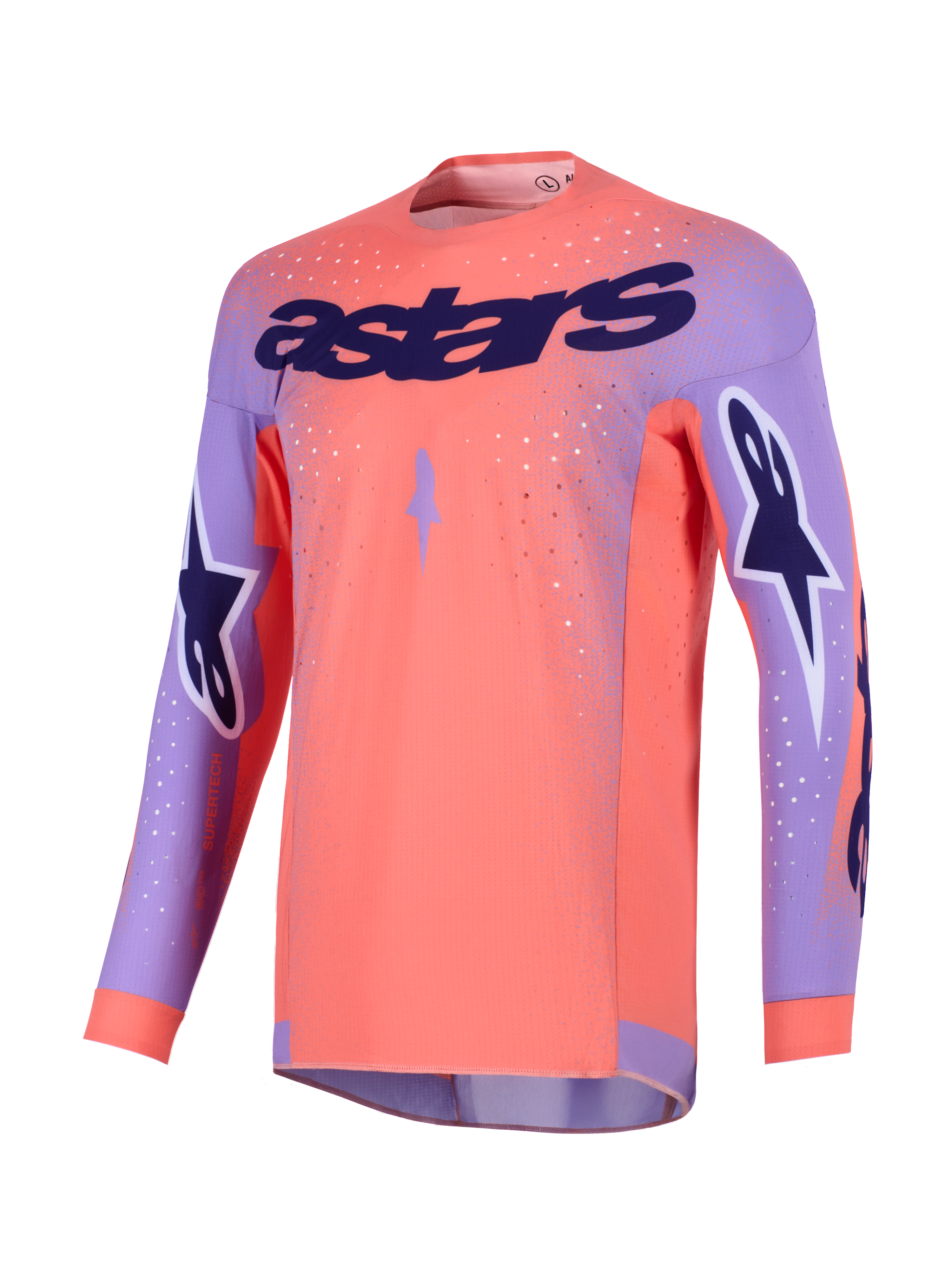 Alpinestars 2026 Supertech Scenz Jersey, maglia da motocross, Hot Coral e viola, con grande marchio 'astars' viola sul petto, loghi a stella sulle maniche e pannelli in mesh traforato per gare fuoristrada ad alte prestazioni.