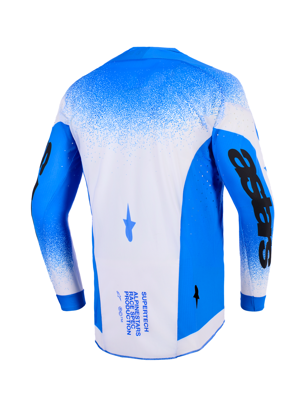 Alpinestars 2026 Supertech Scenz Jersey, vista posteriore, Blu Ucla e bianco, maglia da motocross professionale con costruzione in mesh e perforazioni tagliate al laser, con grafiche nere audaci sulle maniche e branding tecnico sul retro.