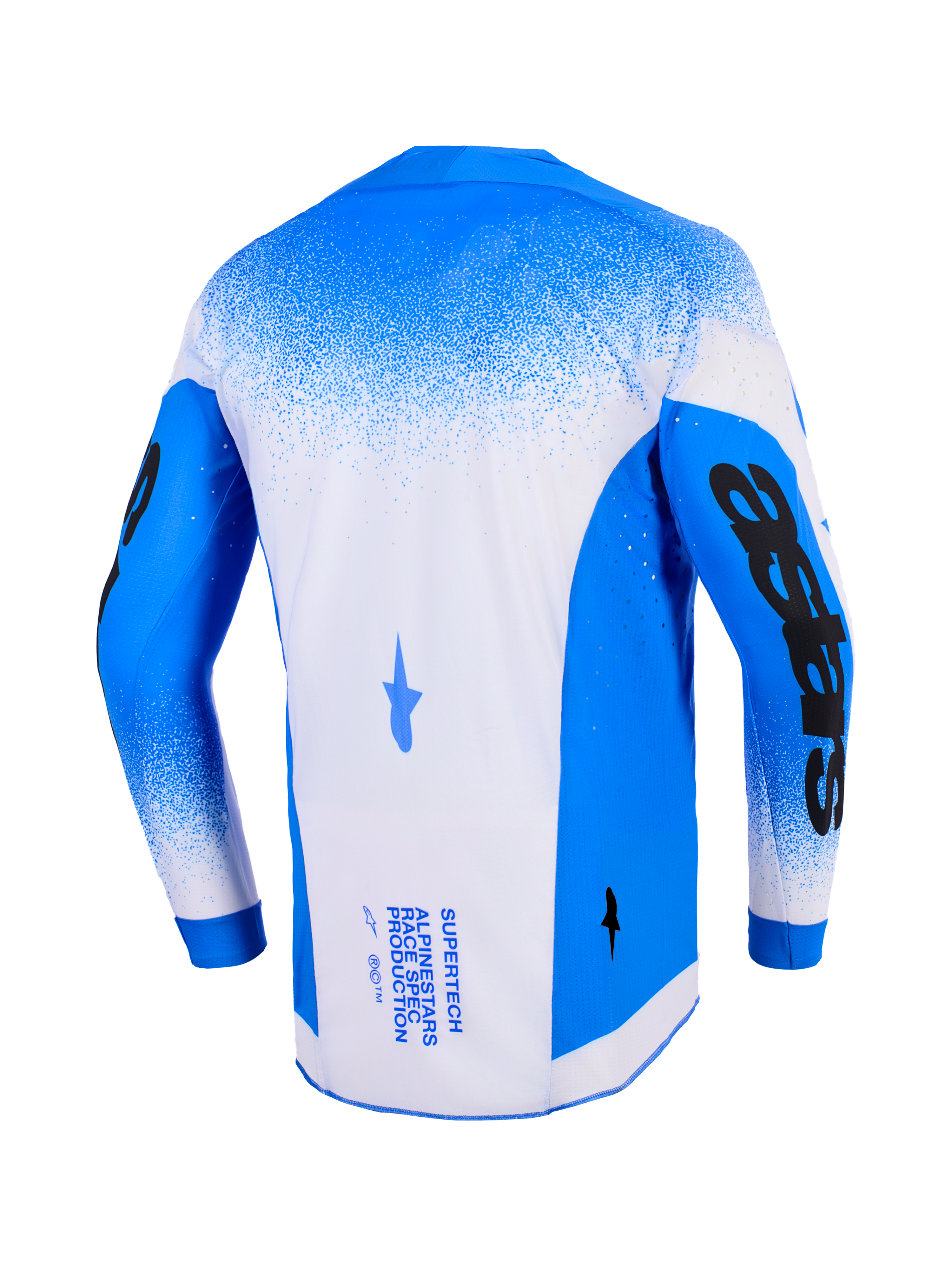 Alpinestars 2026 Supertech Scenz Jersey, vista posteriore, Blu Ucla e bianco, maglia da motocross professionale con costruzione in mesh e perforazioni tagliate al laser, con grafiche nere audaci sulle maniche e branding tecnico sul retro.