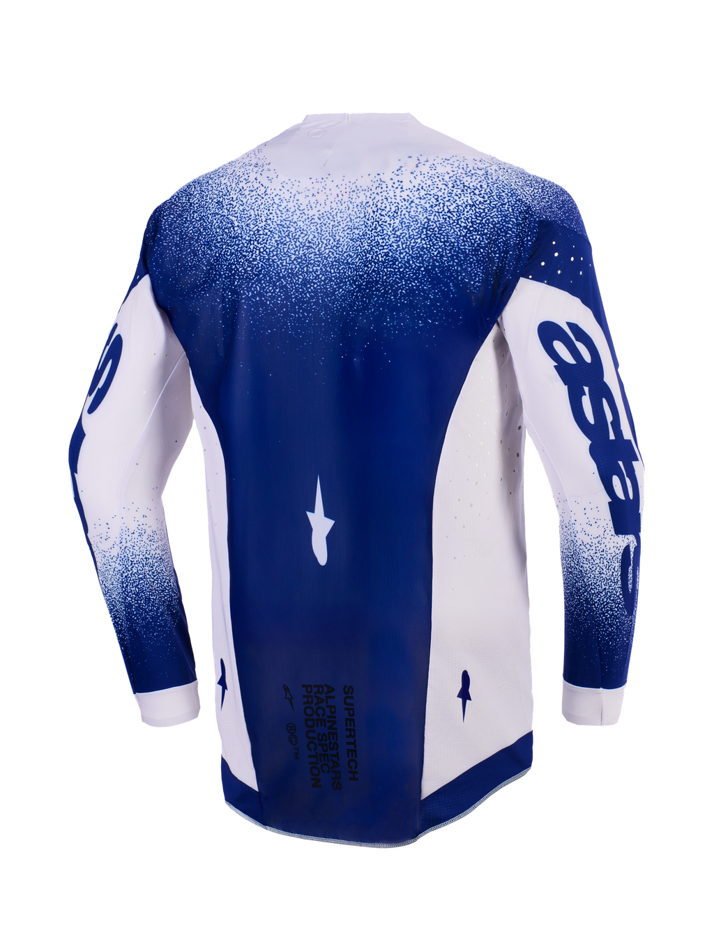 Maglia Alpinestars 2026 Supertech Scenz, vista posteriore, grigio chiaro e blu scuro, maglia professionale da motocross con perforazioni tagliate al laser sui pannelli laterali, pannello centrale blu scuro con testo 'Race Spec' in basso, vestibilità racing atletica