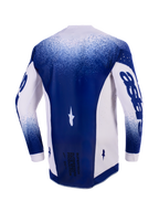 Maglia Alpinestars 2026 Supertech Scenz, vista posteriore, grigio chiaro e blu scuro, maglia professionale da motocross con perforazioni tagliate al laser sui pannelli laterali, pannello centrale blu scuro con testo 'Race Spec' in basso, vestibilità racing atletica