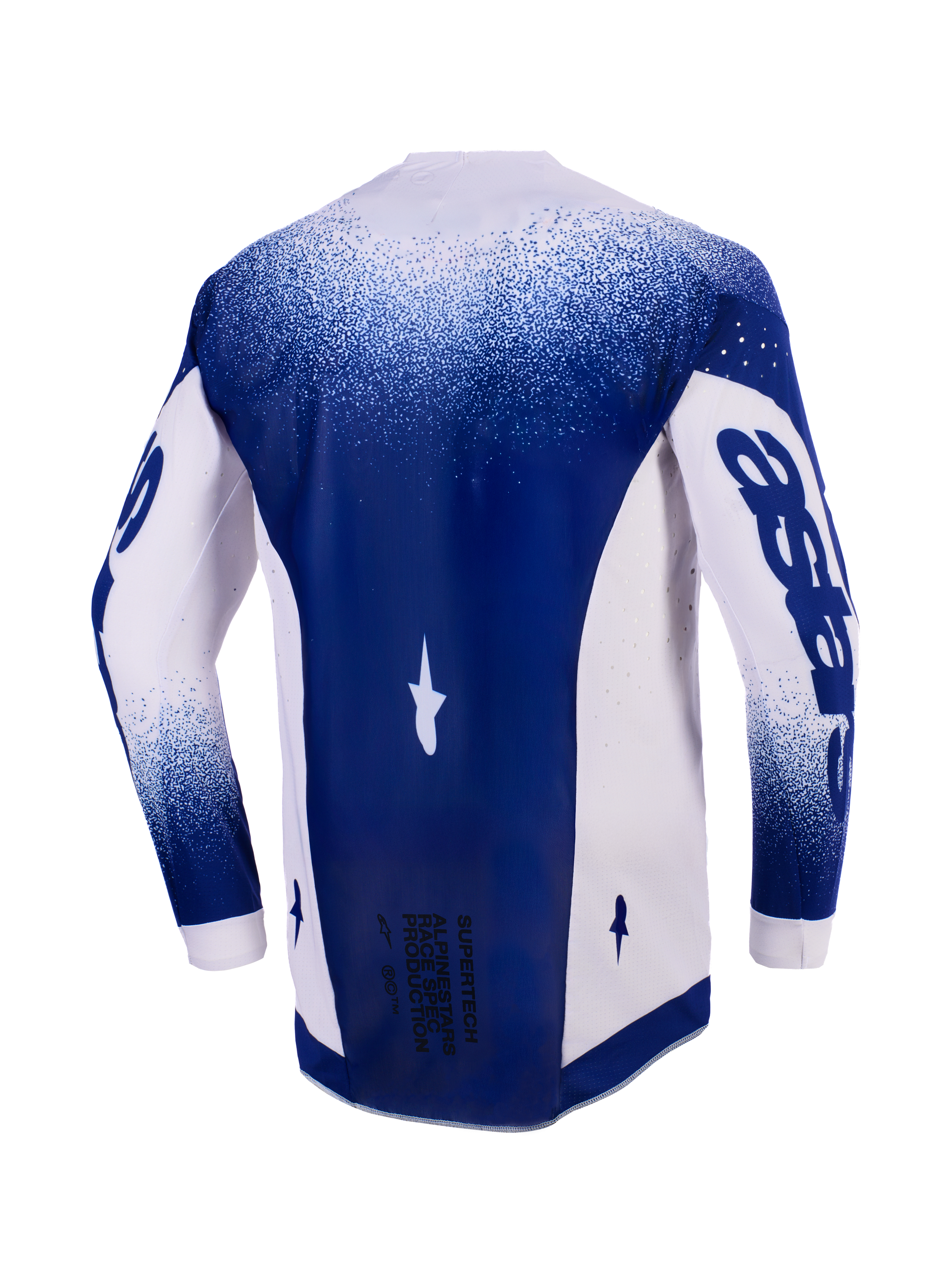 Maglia Alpinestars 2026 Supertech Scenz, vista posteriore, grigio chiaro e blu scuro, maglia professionale da motocross con perforazioni tagliate al laser sui pannelli laterali, pannello centrale blu scuro con testo 'Race Spec' in basso, vestibilità racing atletica