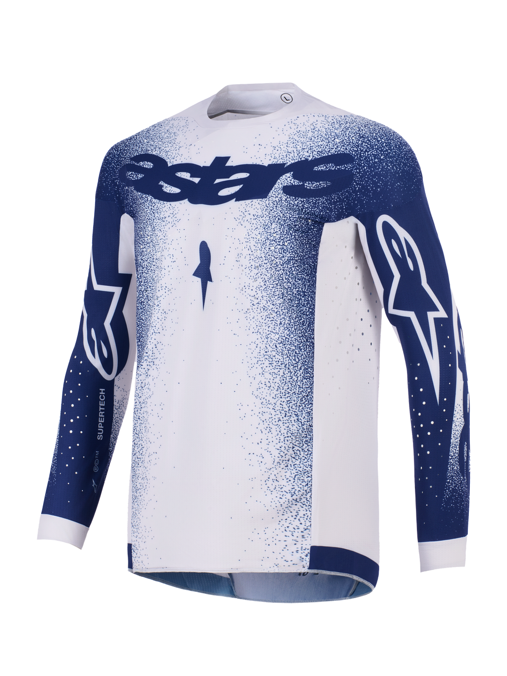 Alpinestars Supertech Scenz Jersey 2026, maglia da motocross, grigio chiaro e blu scuro, con branding Astars blu scuro su petto e maniche, motivo a puntini sfumato, perforazioni laser per la ventilazione, abbigliamento da gara fuoristrada professionale