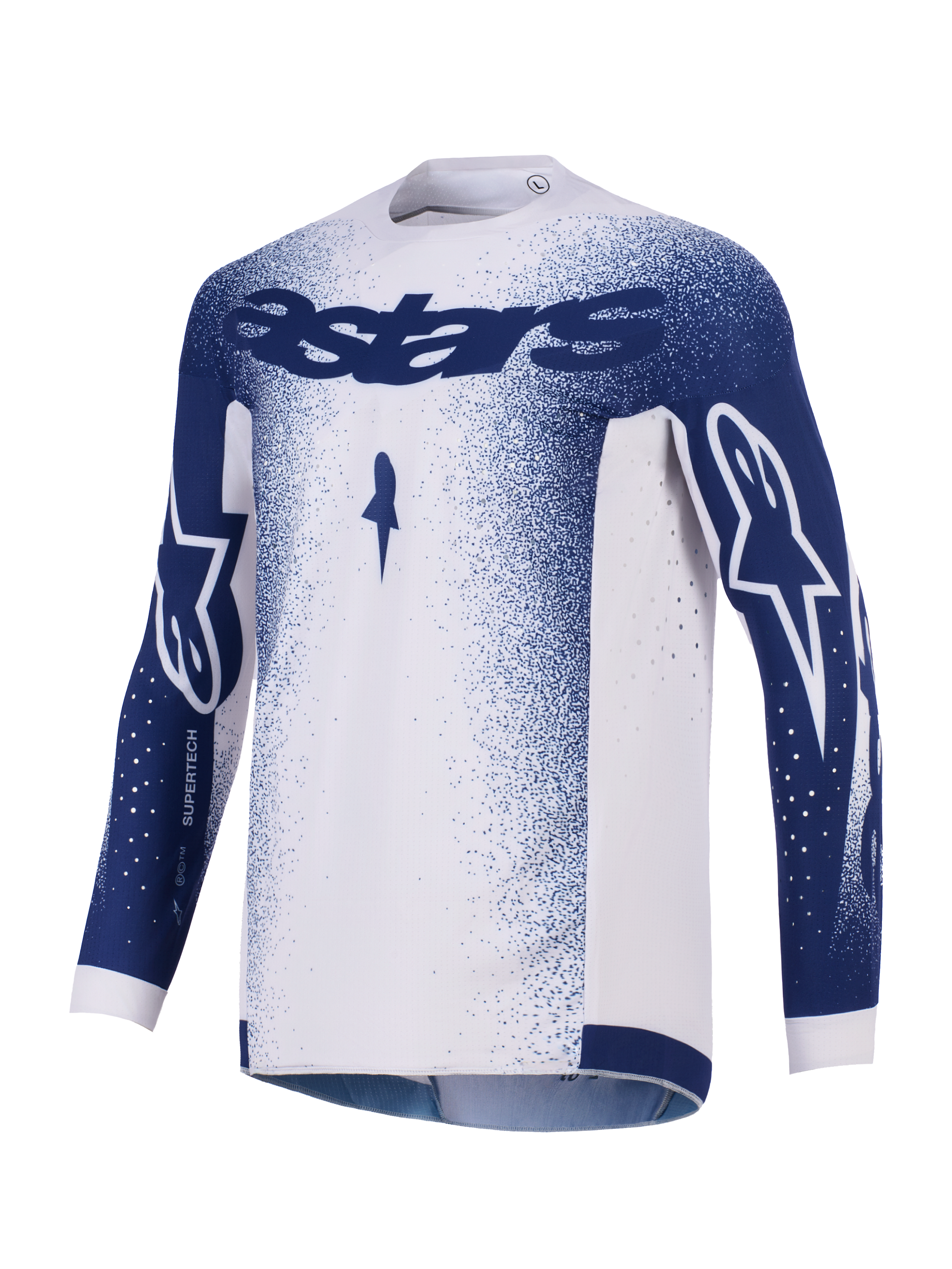 Alpinestars Supertech Scenz Jersey 2026, maglia da motocross, grigio chiaro e blu scuro, con branding Astars blu scuro su petto e maniche, motivo a puntini sfumato, perforazioni laser per la ventilazione, abbigliamento da gara fuoristrada professionale