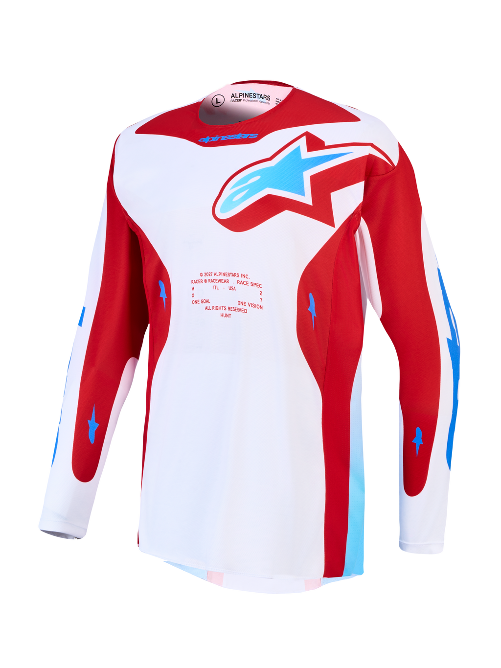 Alpinestars Maglia Racer Hunt, maglia da motocross da uomo, taglia L, bianca e rossa con dettagli blu, in poli-tessuto traspirante e pannelli in mesh ventilati.