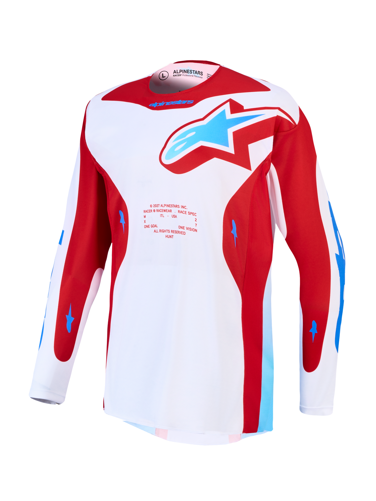 Alpinestars Racer Hunt Jersey, white and red motocross jersey with blue accents, moisture-wicking polyfabric.