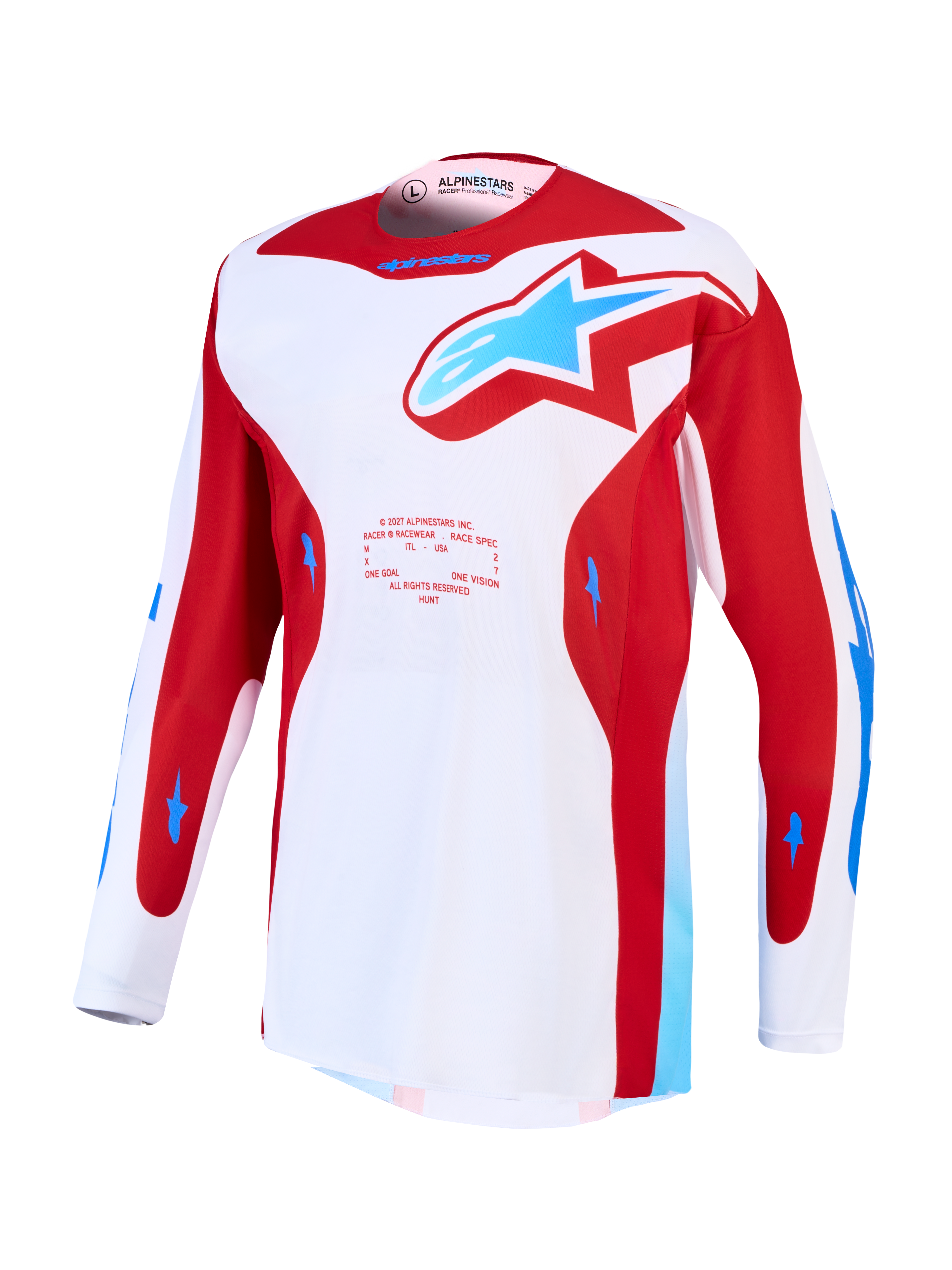 Alpinestars Maglia Racer Hunt, maglia da motocross da uomo, taglia L, bianca e rossa con dettagli blu, in poli-tessuto traspirante e pannelli in mesh ventilati.