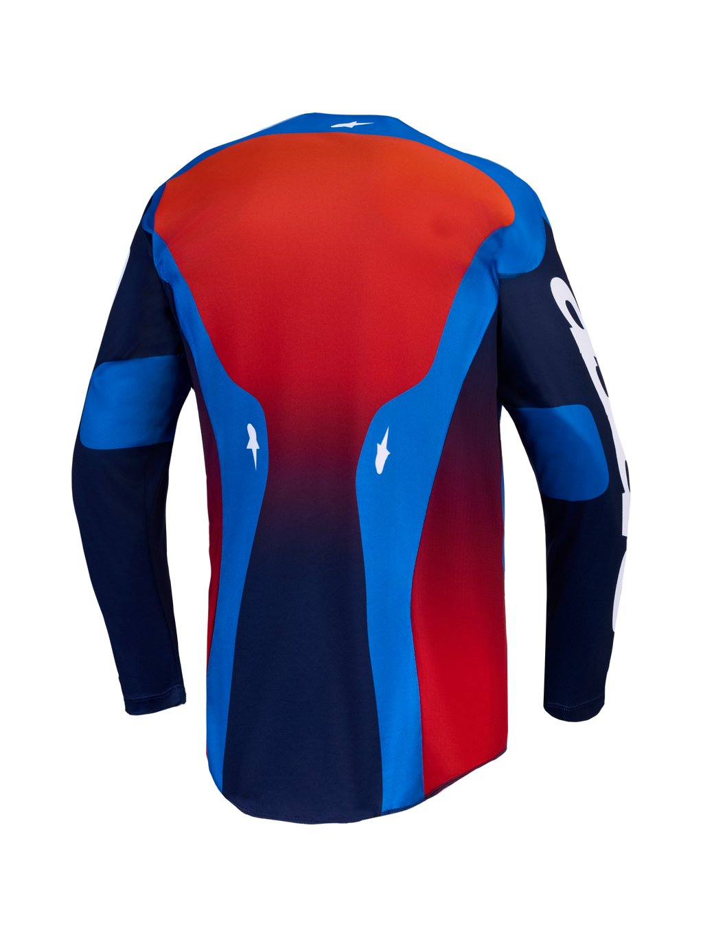 Alpinestars Racer Hunt Jersey, maglia da motocross da uomo, vista posteriore, blu e rosso, tessuto tecnico traspirante con orlo posteriore allungato
