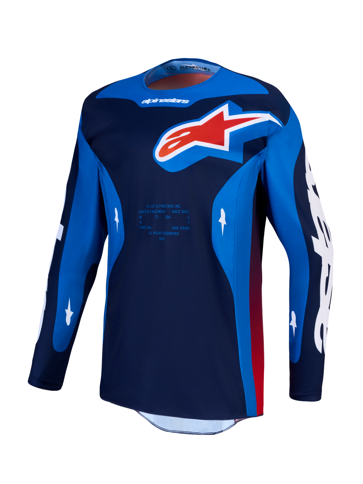 Alpinestars 2027 Racer Hunt Jersey, Men's Motocross Jersey, Blue and Navy Textile with Red and White logo accents.