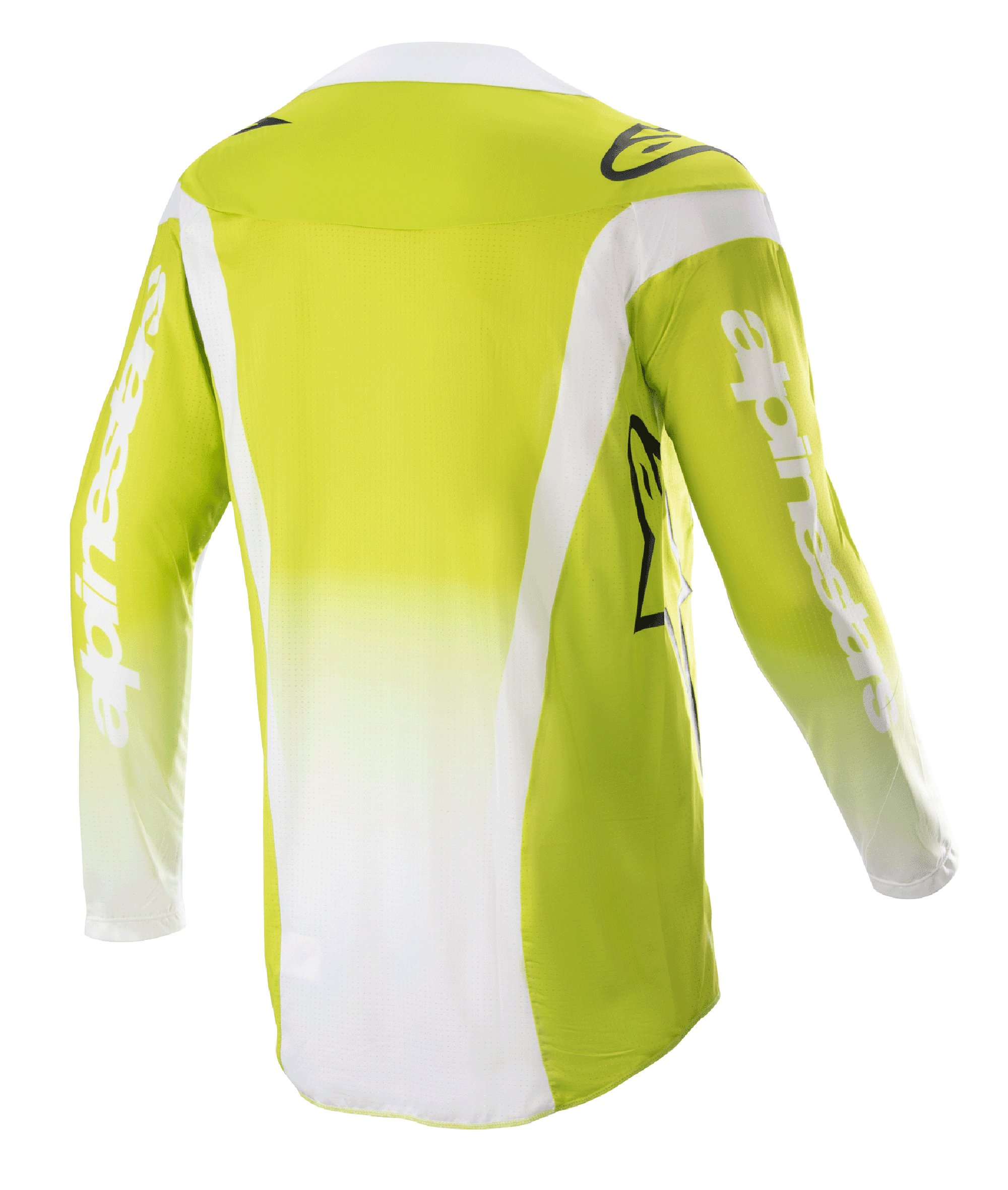 Alpinestars Techstar Push Jersey 2023, vista posteriore, giallo fluo e bianco, maglia da motocross a maniche lunghe con pannelli laterali bianchi e loghi sulle maniche, abbigliamento tecnico da fuoristrada