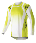 Alpinestars maglia Techstar Push 2023, maglia da motocross a maniche lunghe, giallo fluo e bianco, con grandi loghi Astars neri su spalle e maniche, tessuto tecnico traforato, scollo rotondo e orlo posteriore allungato per gare fuoristrada