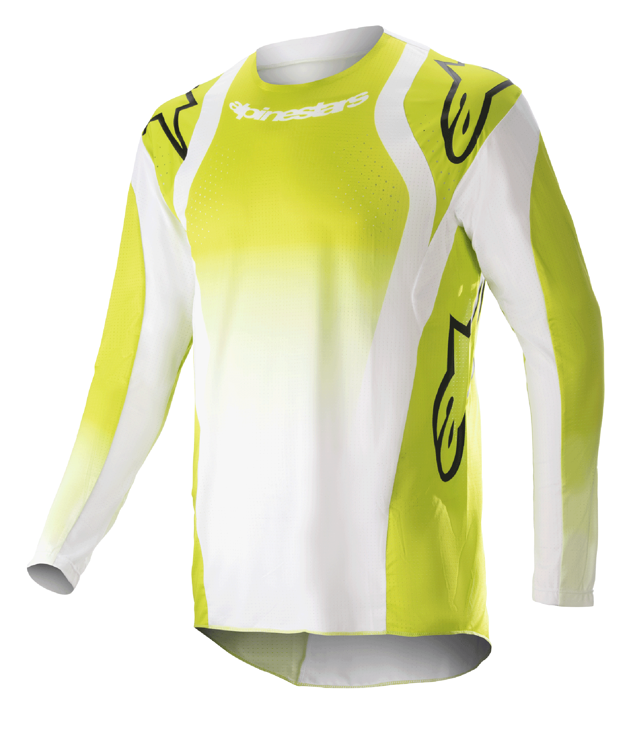 Alpinestars maglia Techstar Push 2023, maglia da motocross a maniche lunghe, giallo fluo e bianco, con grandi loghi Astars neri su spalle e maniche, tessuto tecnico traforato, scollo rotondo e orlo posteriore allungato per gare fuoristrada