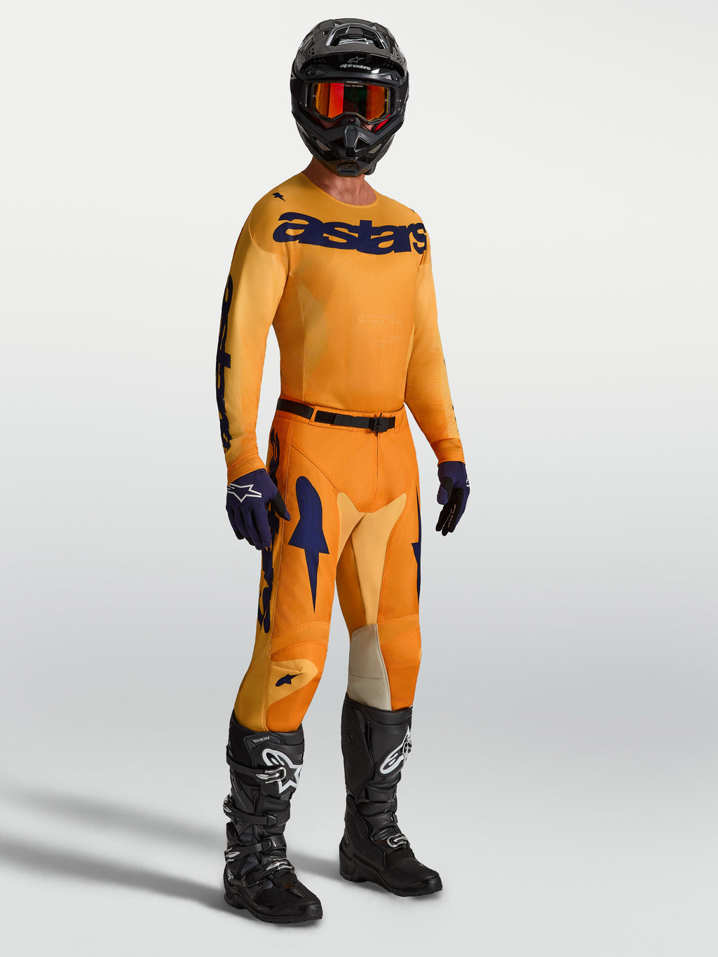Alpinestars Racer Amber Gear Set, completo da motocross uomo, maglia e pantaloni arancione e blu, tessuto tecnico off-road