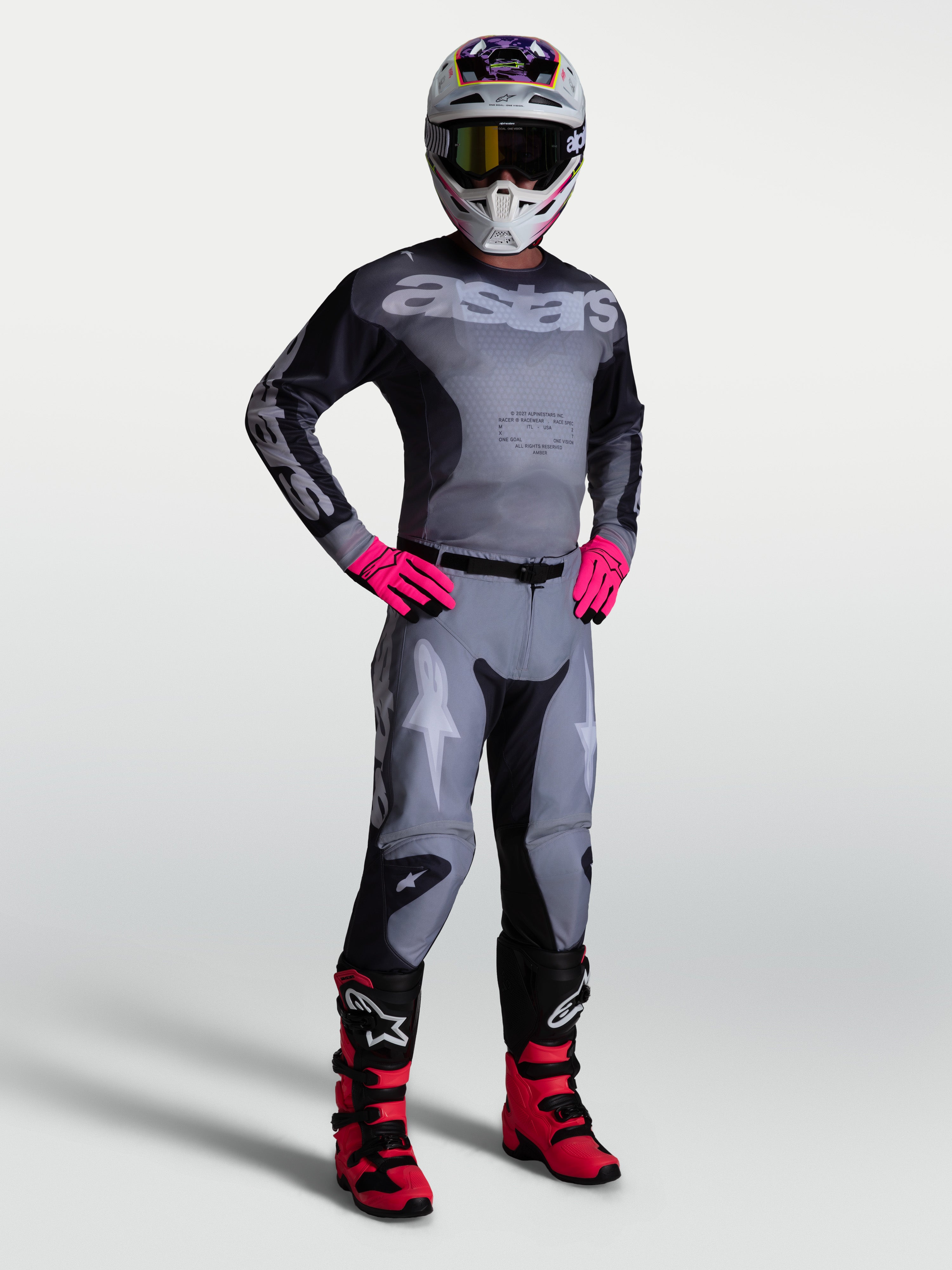 Alpinestars maglia Racer Amber 2027 e Racer Amber Gear Set, completo da motocross da uomo grigio e rosa, vestibilità sportiva