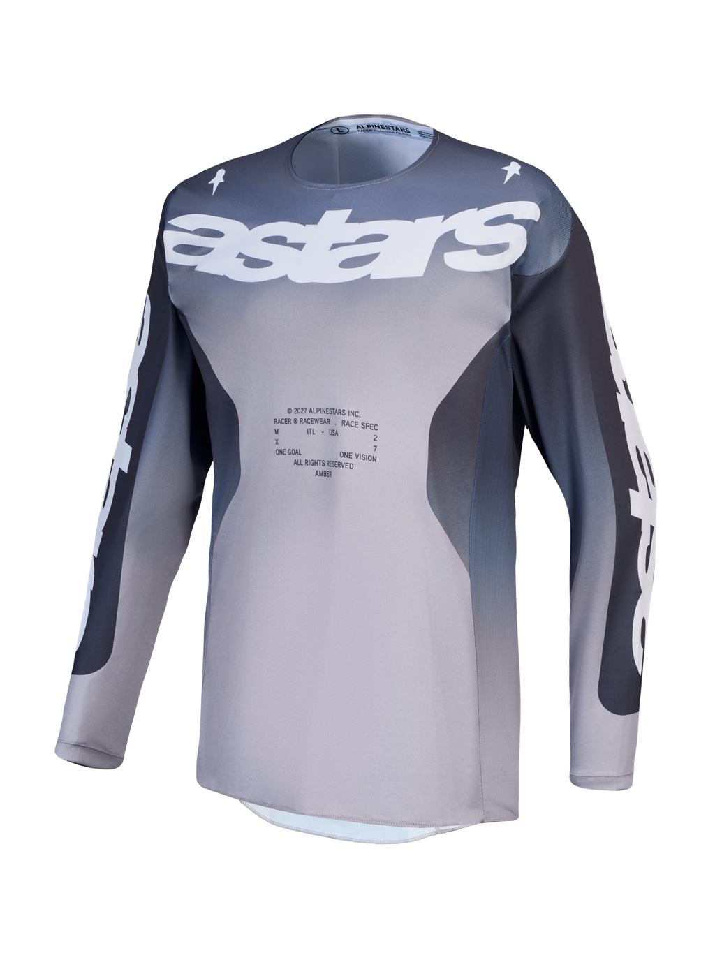 Alpinestars Maglia Racer Amber, maglia da motocross da uomo, grigio e lilla chiaro, in tessuto tecnico traspirante con logo astars sul petto, ideale per prestazioni off-road.