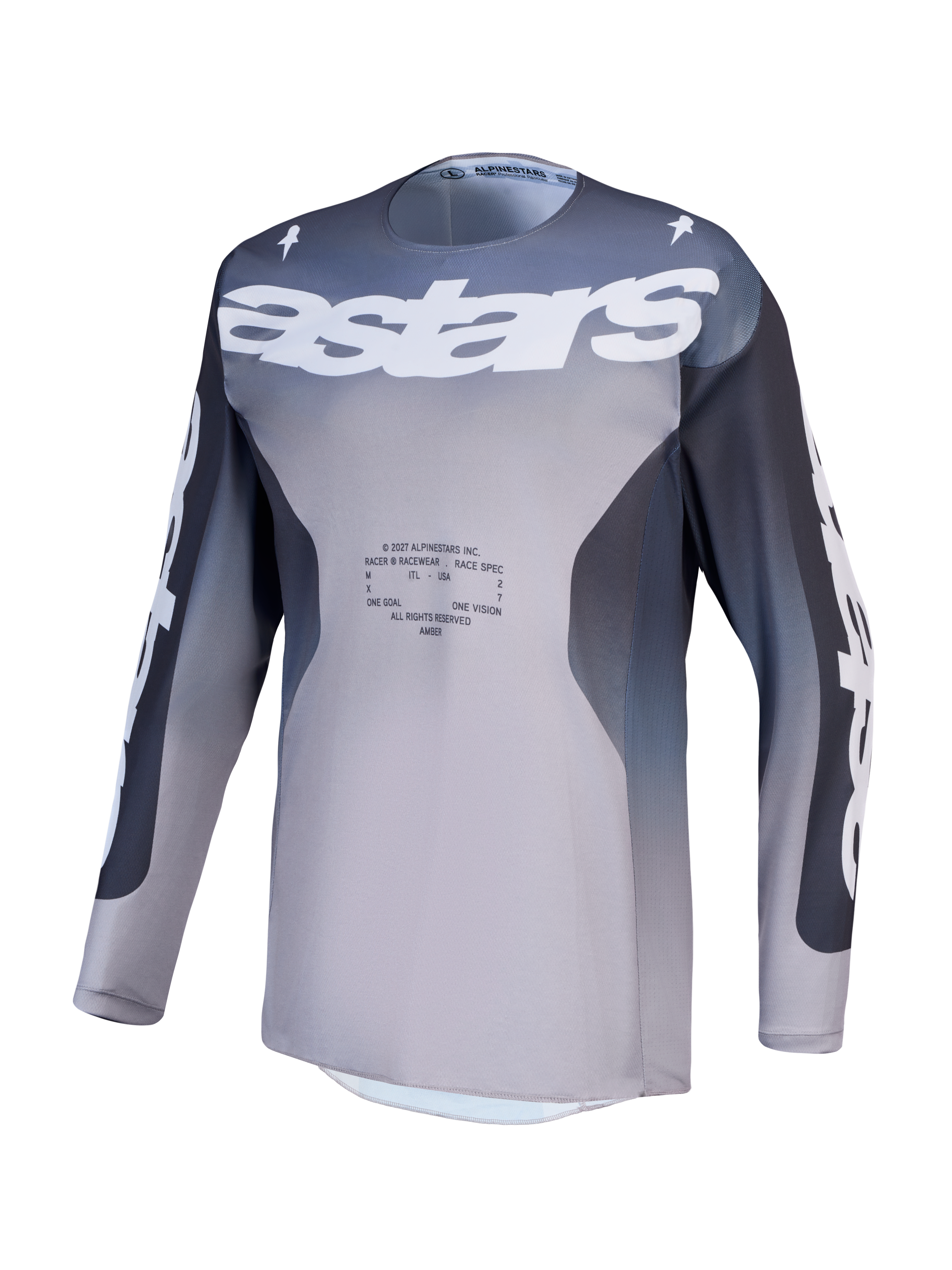 Alpinestars Maglia Racer Amber, maglia da motocross da uomo, grigio e lilla chiaro, in tessuto tecnico traspirante con logo astars sul petto, ideale per prestazioni off-road.
