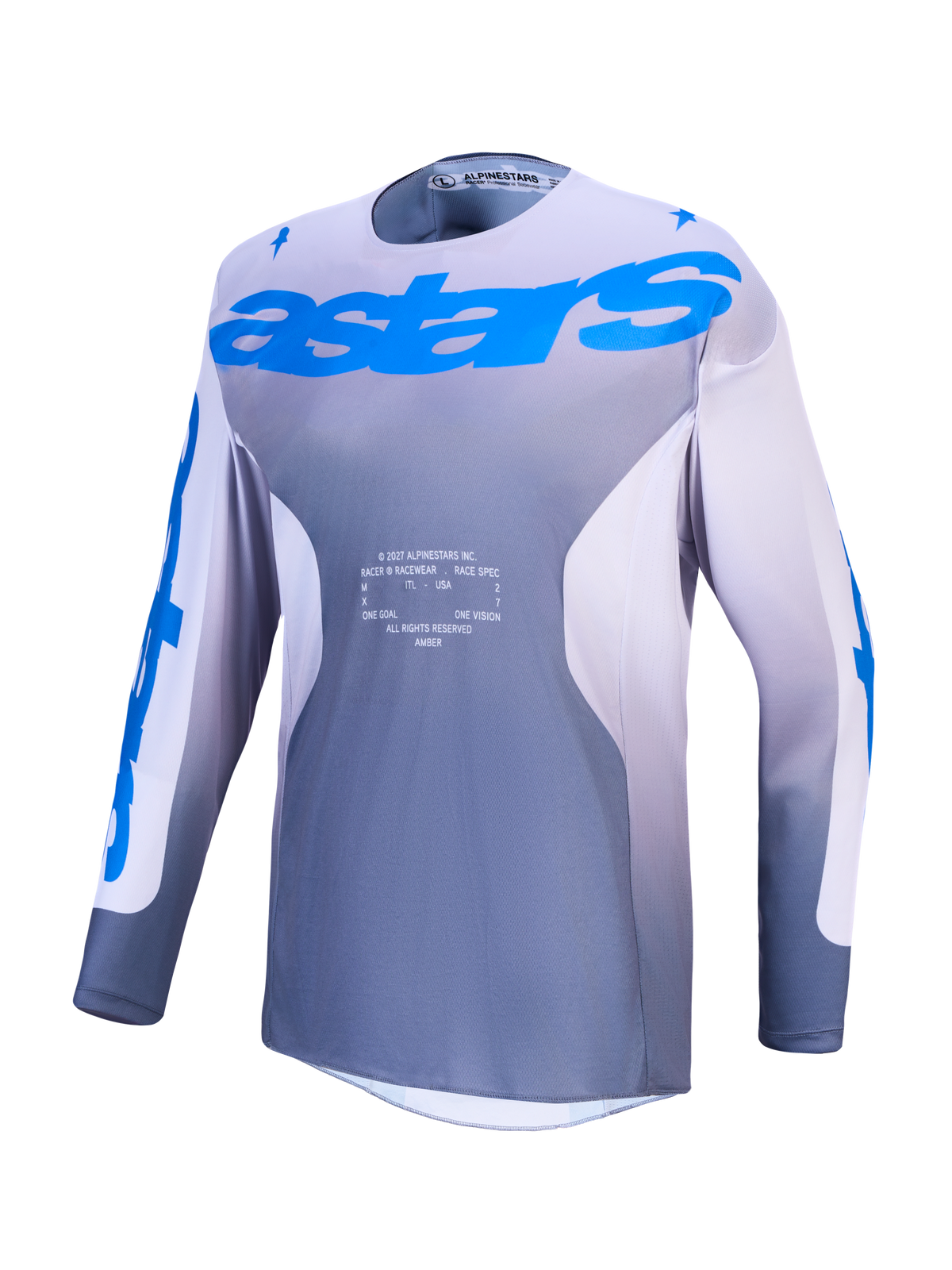 Alpinestars Racer Amber Jersey in gray and blue for motocross racing with moisture-wicking, ventilated polyfabric.