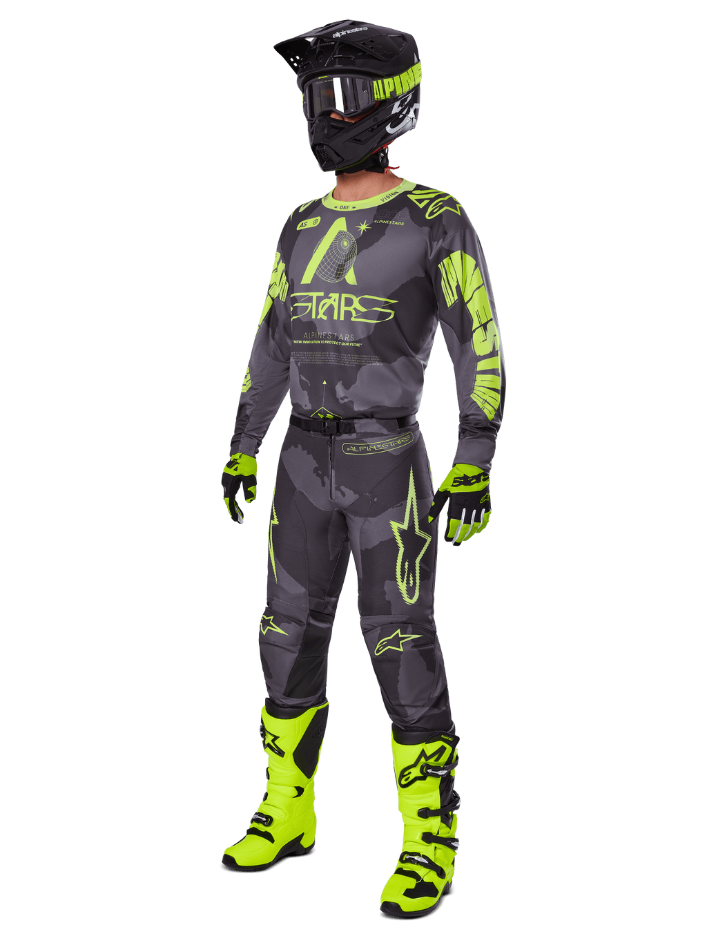 Set Gear Alpinestars Racer Hollow 2025, abbigliamento completo da motocross, mimetico grigio e giallo neon, include maglia, pantaloni, casco coordinato nero e giallo, occhiali, guanti e stivali giallo acceso, equipaggiamento per corse fuoristrada ad alte prestazioni