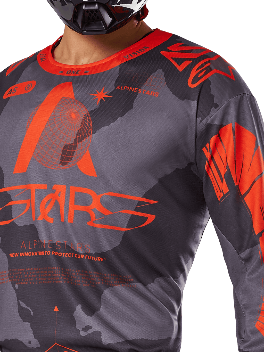 Alpinestars Racer Hollow Jersey 2025, maglia da motocross, grigio camo e arancione fluo, con grande marchio Alpinestars arancione e grafiche tecniche, collo a girocollo, progettata per prestazioni off-road