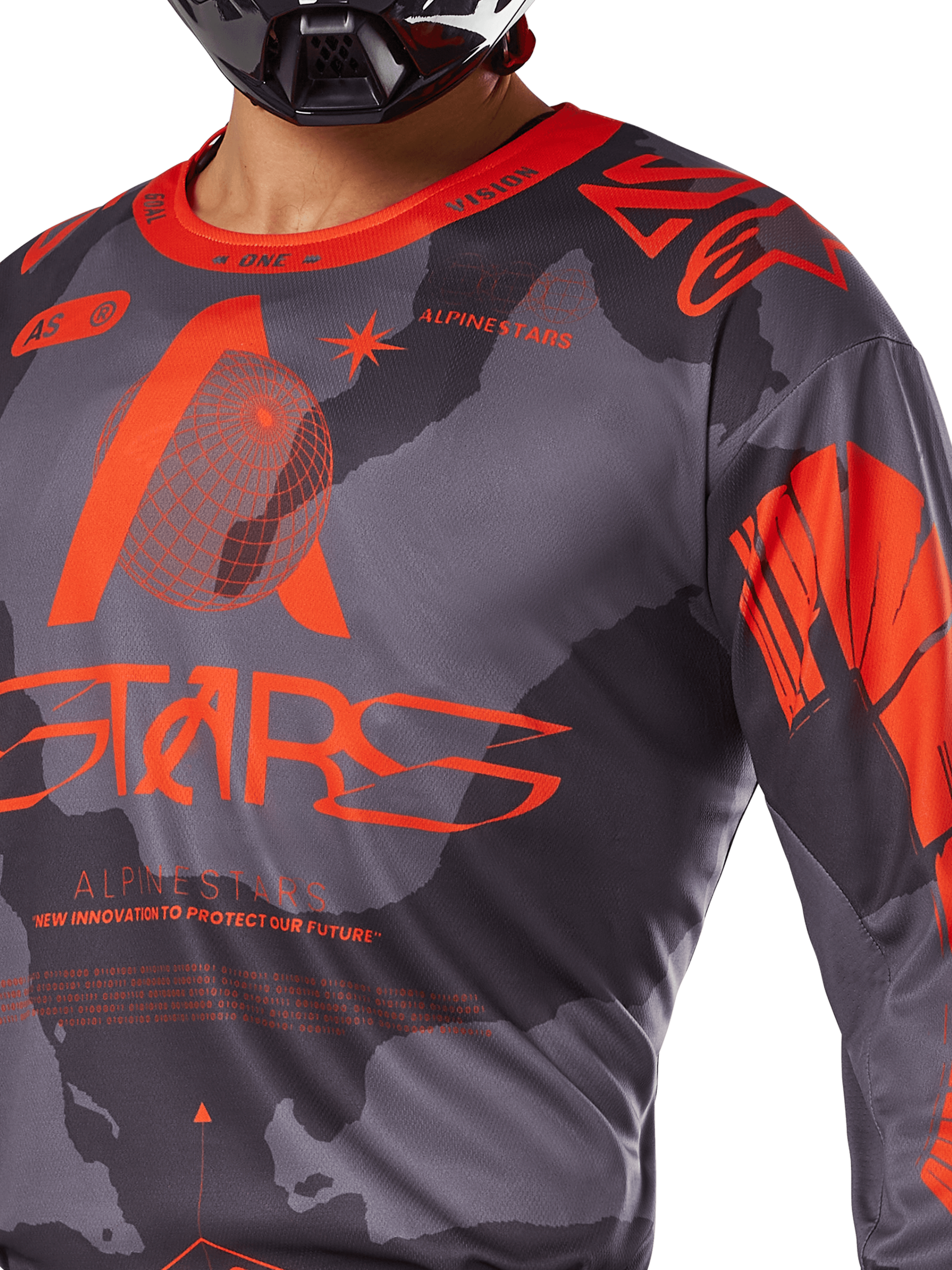 Alpinestars Racer Hollow Jersey 2025, maglia da motocross, grigio camo e arancione fluo, con grande marchio Alpinestars arancione e grafiche tecniche, collo a girocollo, progettata per prestazioni off-road