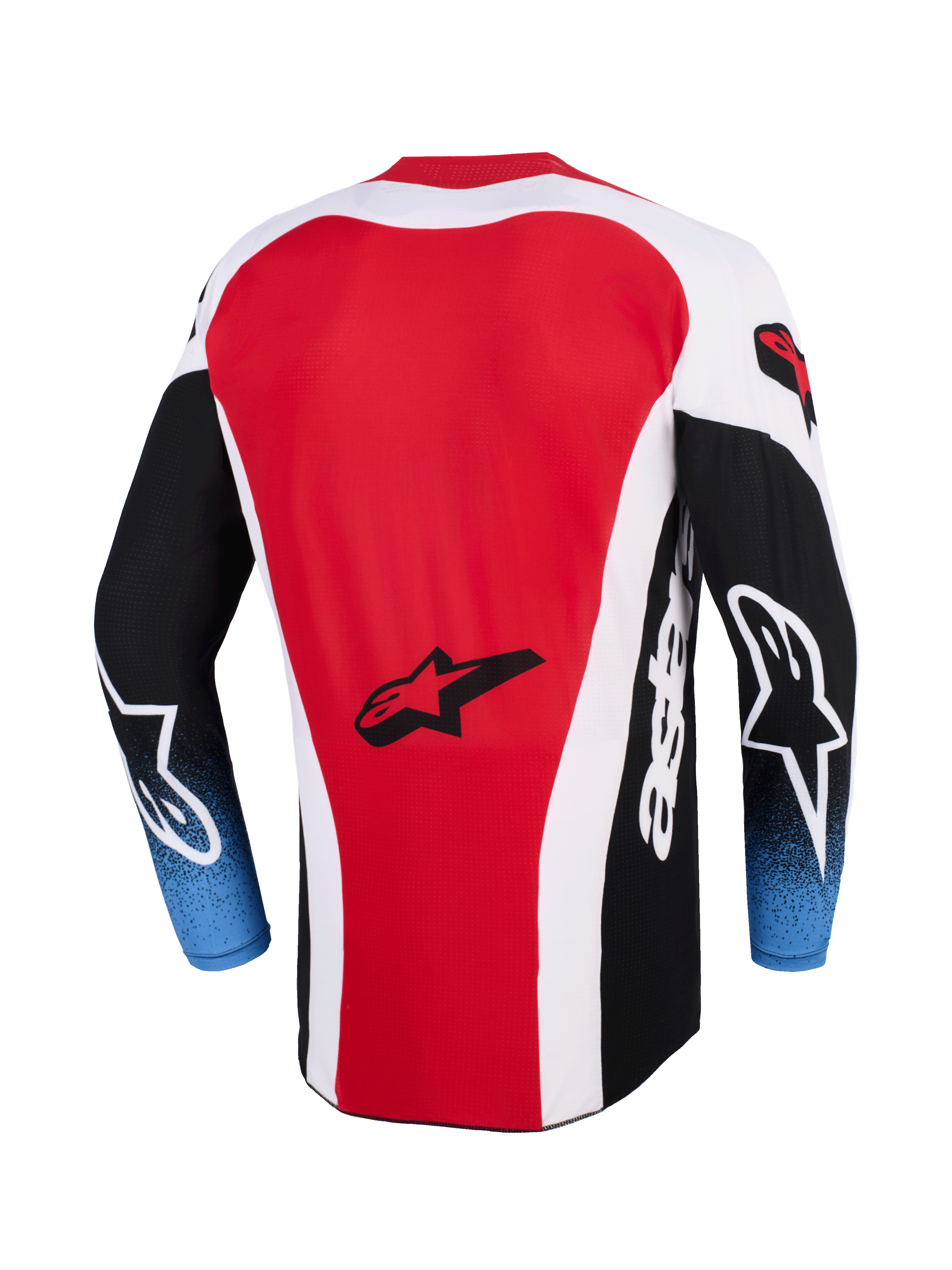 Alpinestars Techstar Knif Jersey 2026, maglia da motocross, rossa, bianca e nera con maniche a sfumatura blu, vista posteriore che mostra il logo a stella Alpinestars, profilo posteriore allungato, vestibilità atletica da gara per il fuoristrada