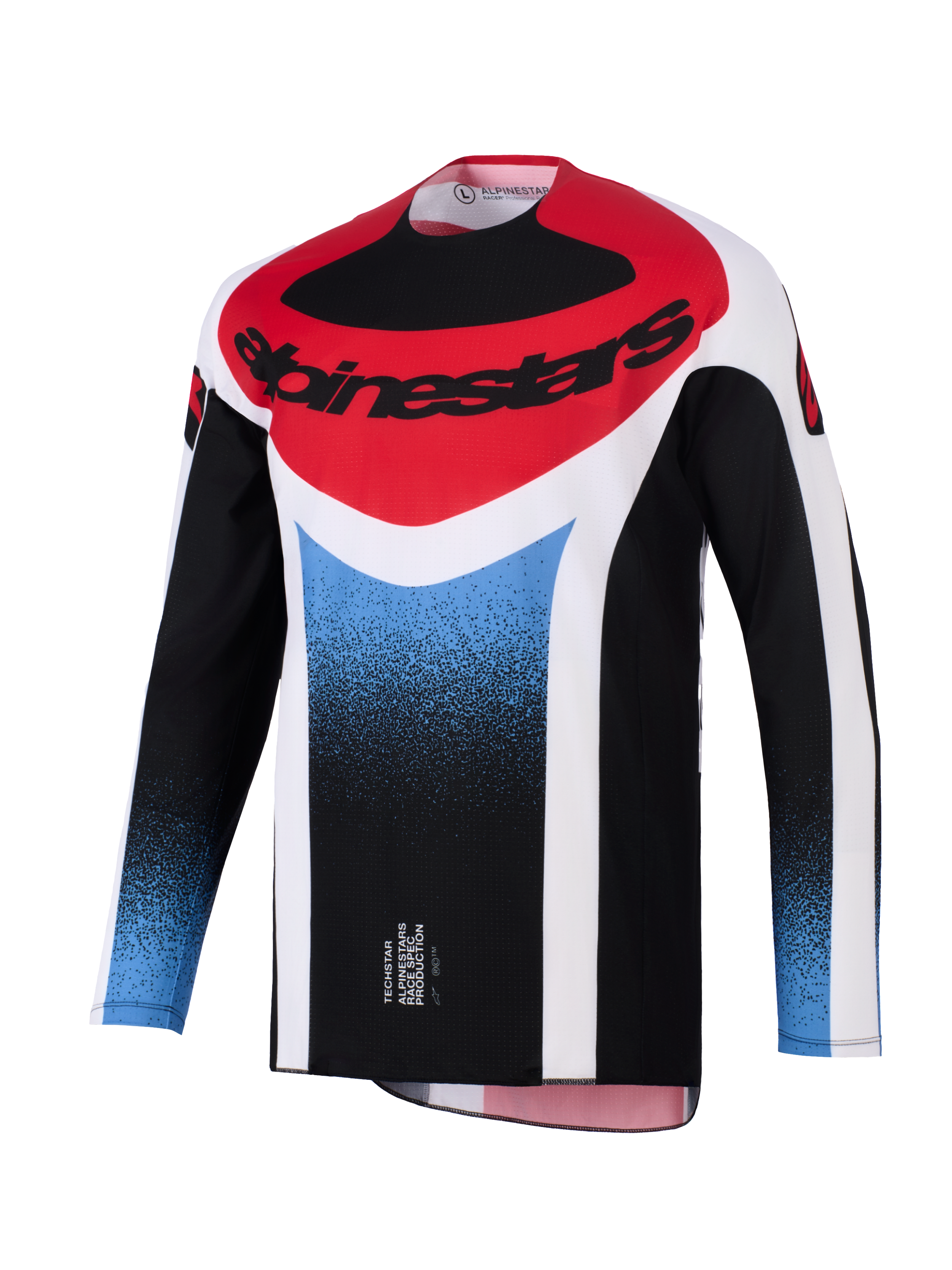 Alpinestars 2026 Techstar Knif Jersey, maglia da motocross, sfumatura nera, bianca, rossa e blu, vestibilità atletica da gara, abbigliamento tecnico a maniche lunghe con vistoso logo Alpinestars sul petto.