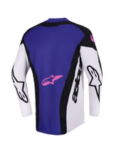Alpinestars Techstar Knif Jersey 2026, maglia da motocross, nero, grigio chiaro e viola, vista posteriore che mostra un ampio pannello posteriore viola con logo a stella rosa, maniche bianche con marchio Alpinestars nero, vestibilità atletica da gara