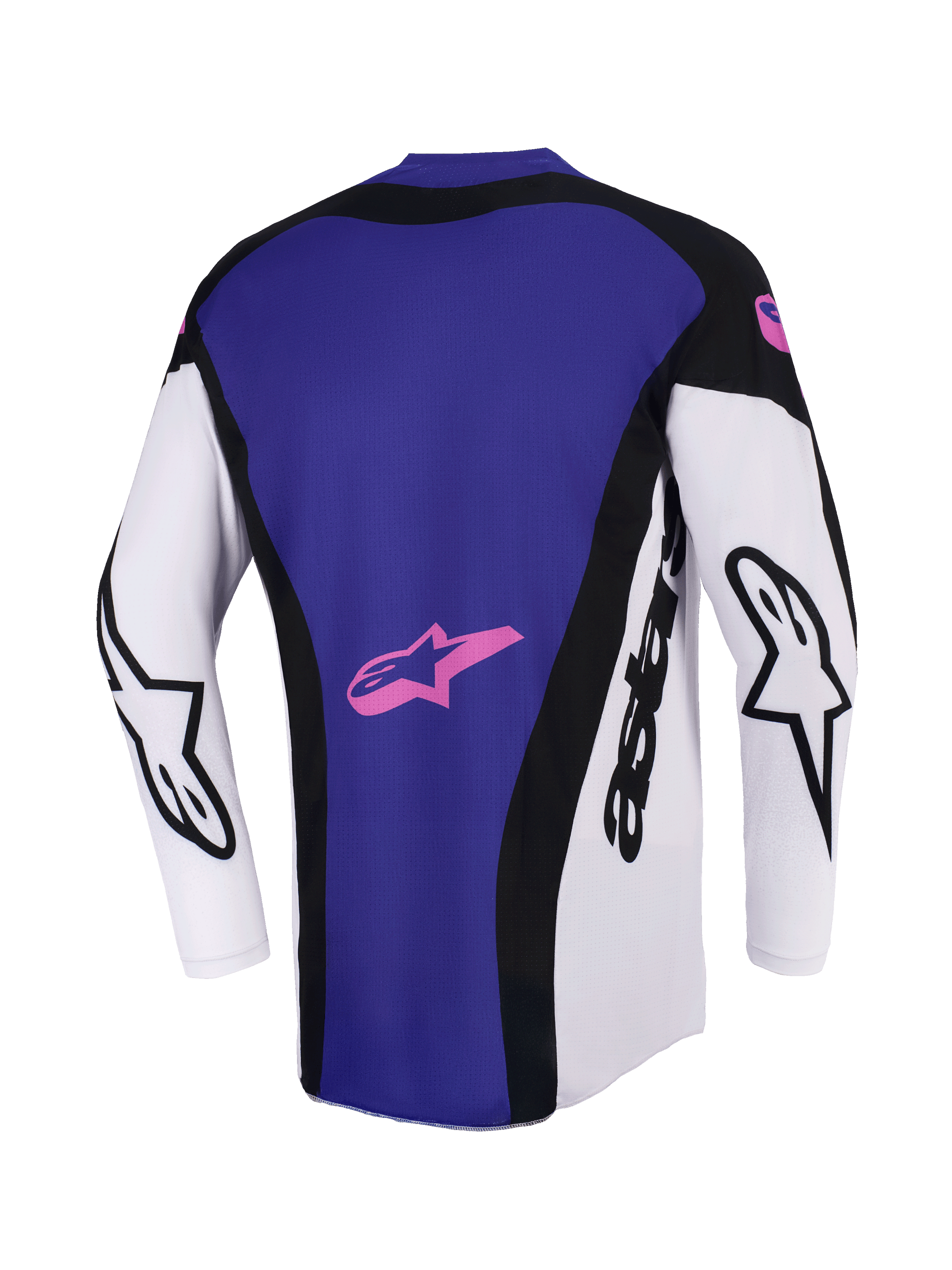 Alpinestars Techstar Knif Jersey 2026, maglia da motocross, nero, grigio chiaro e viola, vista posteriore che mostra un ampio pannello posteriore viola con logo a stella rosa, maniche bianche con marchio Alpinestars nero, vestibilità atletica da gara