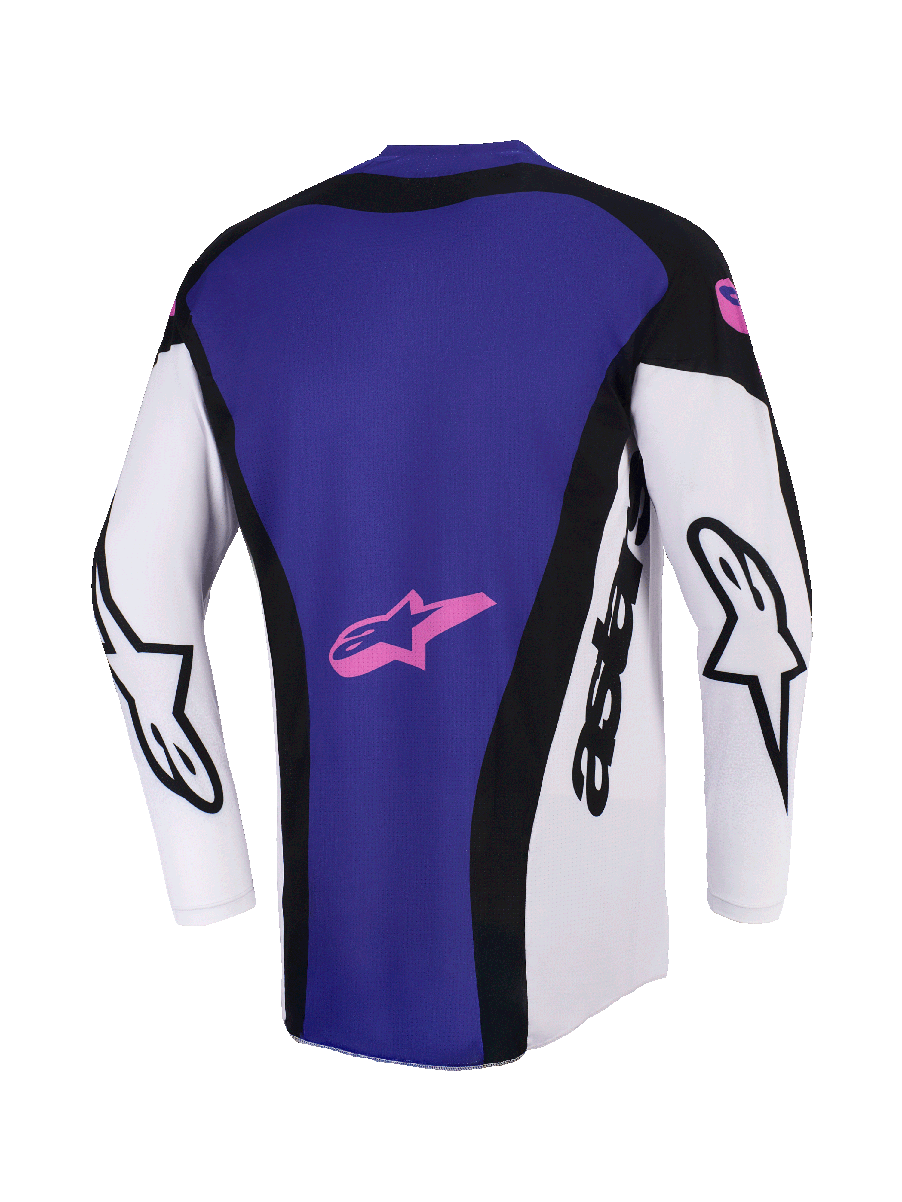 Alpinestars Techstar Knif Jersey 2026, maglia da motocross, nero, grigio chiaro e viola, vista posteriore che mostra un ampio pannello posteriore viola con logo a stella rosa, maniche bianche con marchio Alpinestars nero, vestibilità atletica da gara