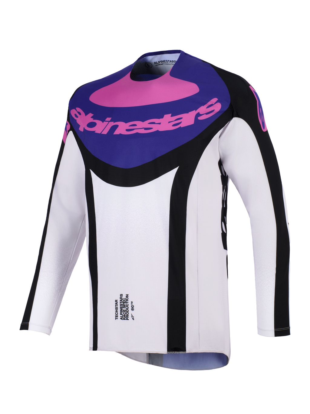 Maglia Alpinestars Techstar Knif 2026, maglia da motocross, nero, grigio chiaro e viola, con pannello viola sul petto e logo Alpinestars rosa, accenti laterali neri e tessuto leggero traspirante per prestazioni off-road.