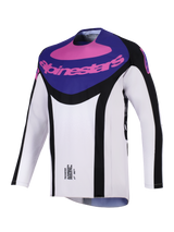 Maglia Alpinestars Techstar Knif 2026, maglia da motocross, nero, grigio chiaro e viola, con pannello viola sul petto e logo Alpinestars rosa, accenti laterali neri e tessuto leggero traspirante per prestazioni off-road.