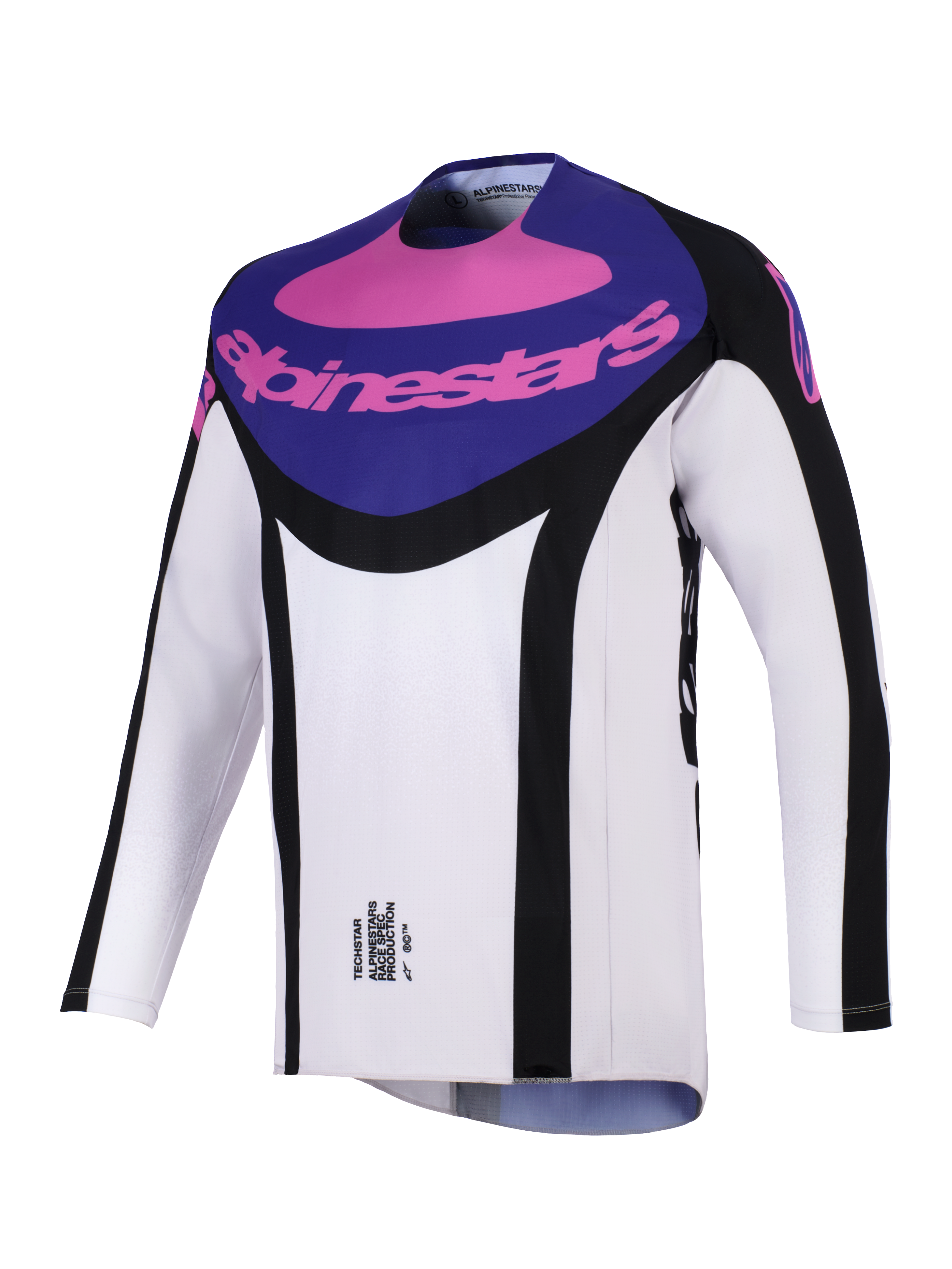 Maglia Alpinestars Techstar Knif 2026, maglia da motocross, nero, grigio chiaro e viola, con pannello viola sul petto e logo Alpinestars rosa, accenti laterali neri e tessuto leggero traspirante per prestazioni off-road.