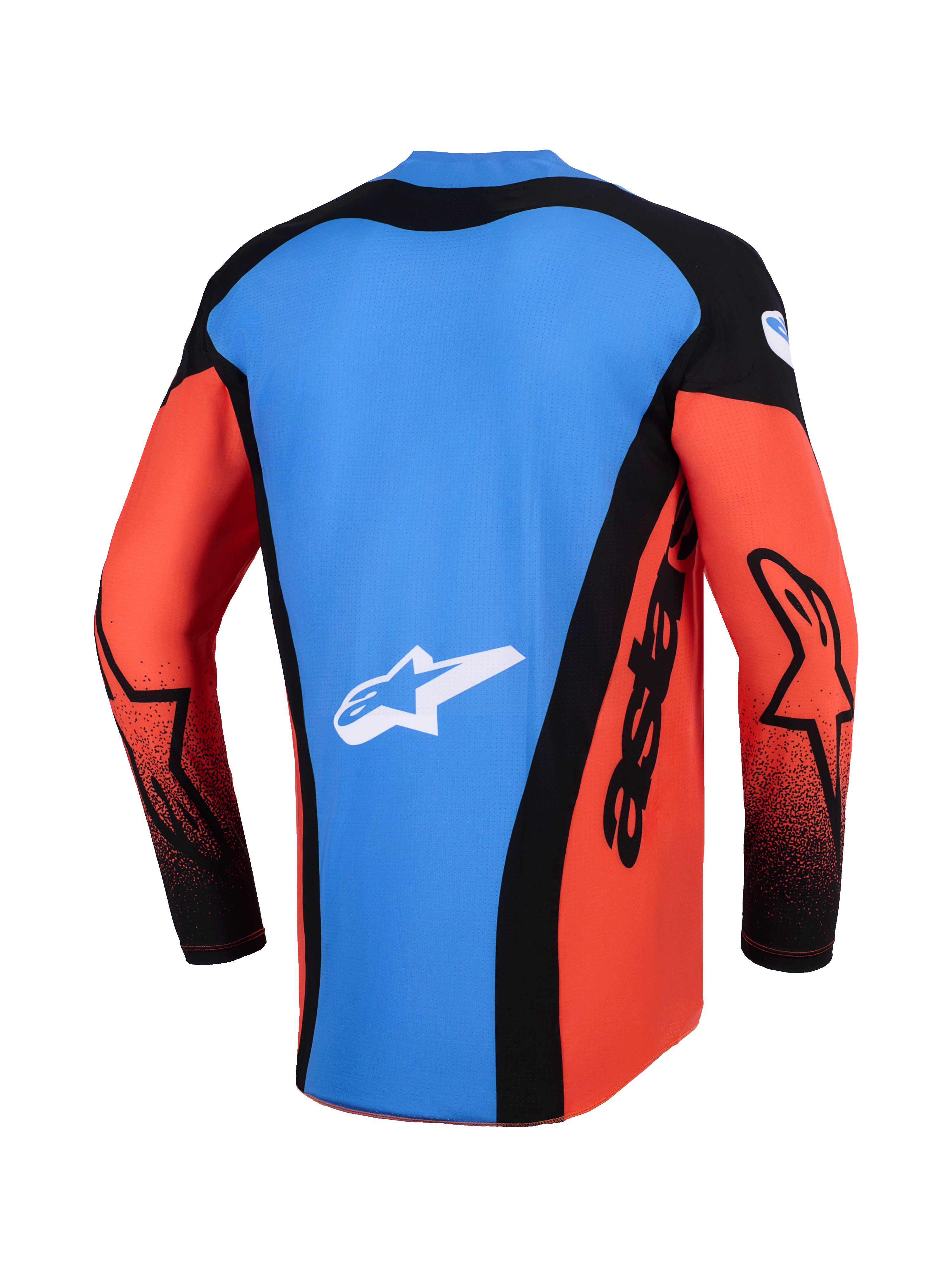 Maglia Alpinestars Techstar Knif 2026, maglia da motocross, vista posteriore in arancione, nero e blu UCLA, caratterizzata da un pannello posteriore blu con logo a stella bianco, pannelli laterali neri con marchio 'astars' e maniche arancioni con accenti neri, abbigliamento tecnico leggero per gare off-road.