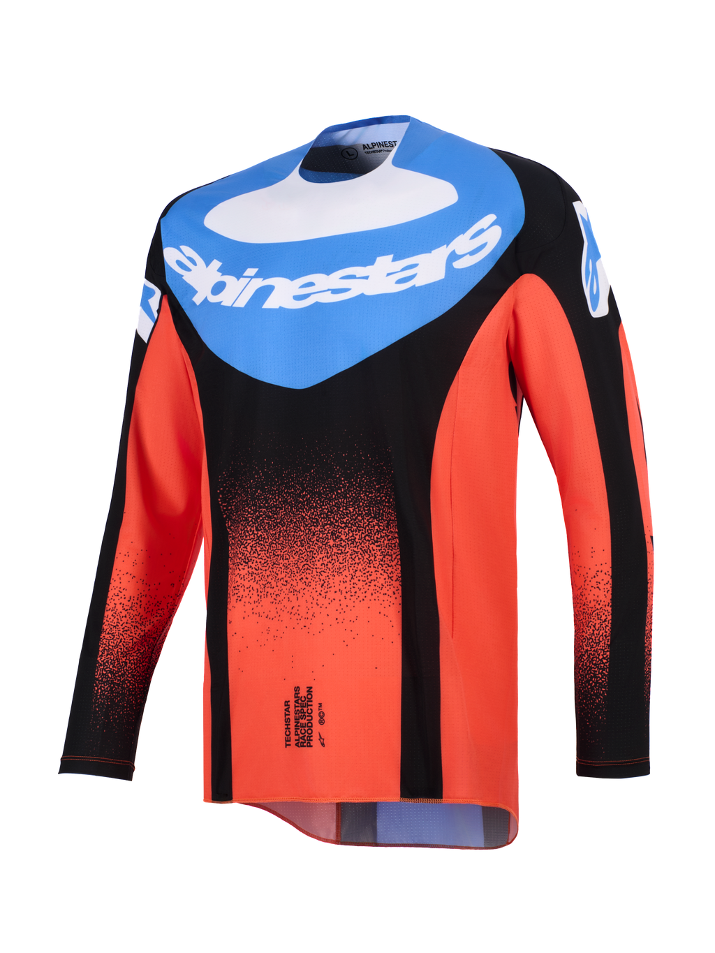 Alpinestars Maglia Techstar Knif 2026, maglia da motocross, arancione, nero e blu UCLA, vista frontale con pannello blu sul petto e logo Alpinestars bianco, sfumatura nera punteggiata su maniche e corpo arancioni, abbigliamento tecnico da gara off-road
