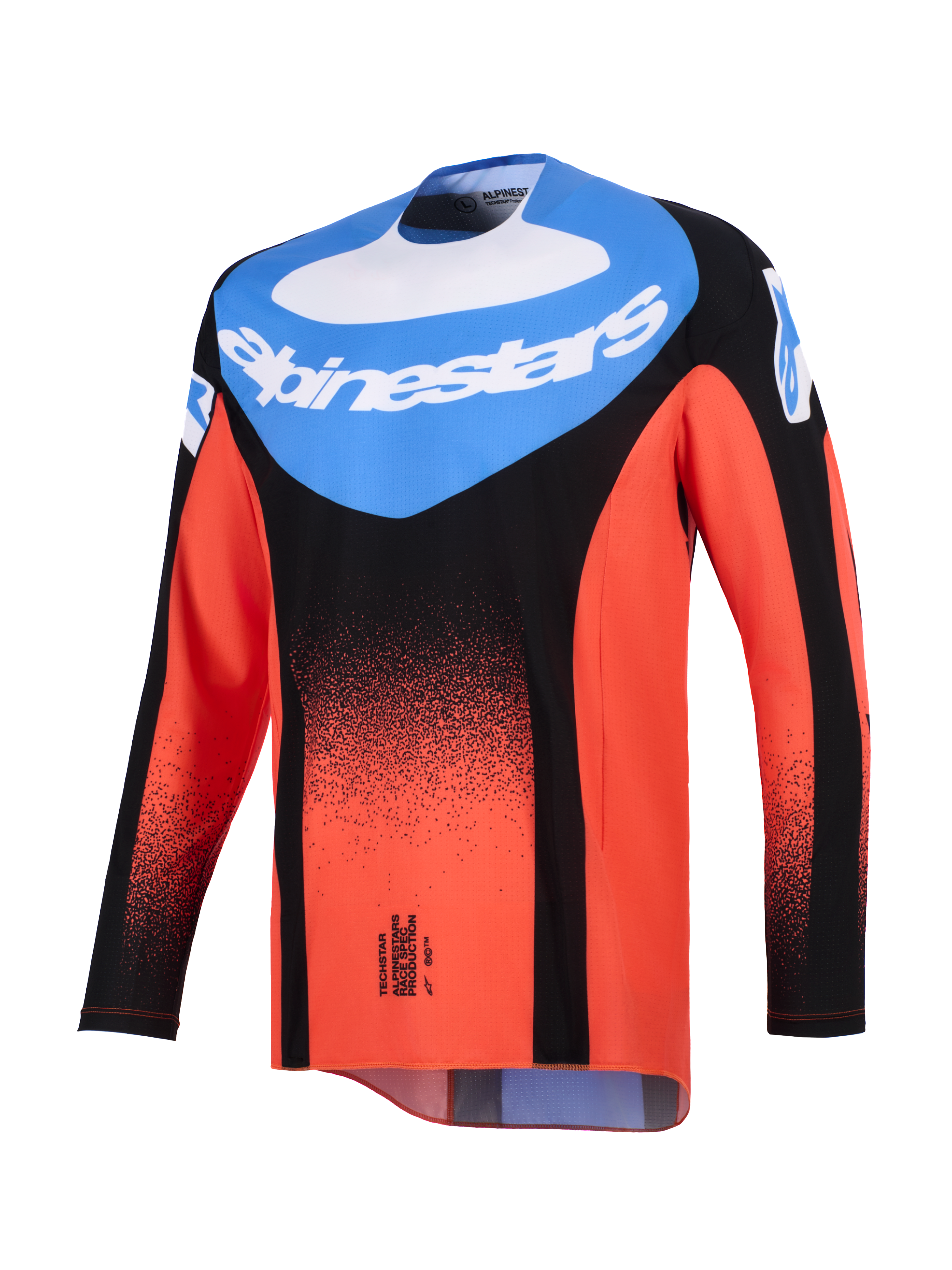 Alpinestars Maglia Techstar Knif 2026, maglia da motocross, arancione, nero e blu UCLA, vista frontale con pannello blu sul petto e logo Alpinestars bianco, sfumatura nera punteggiata su maniche e corpo arancioni, abbigliamento tecnico da gara off-road
