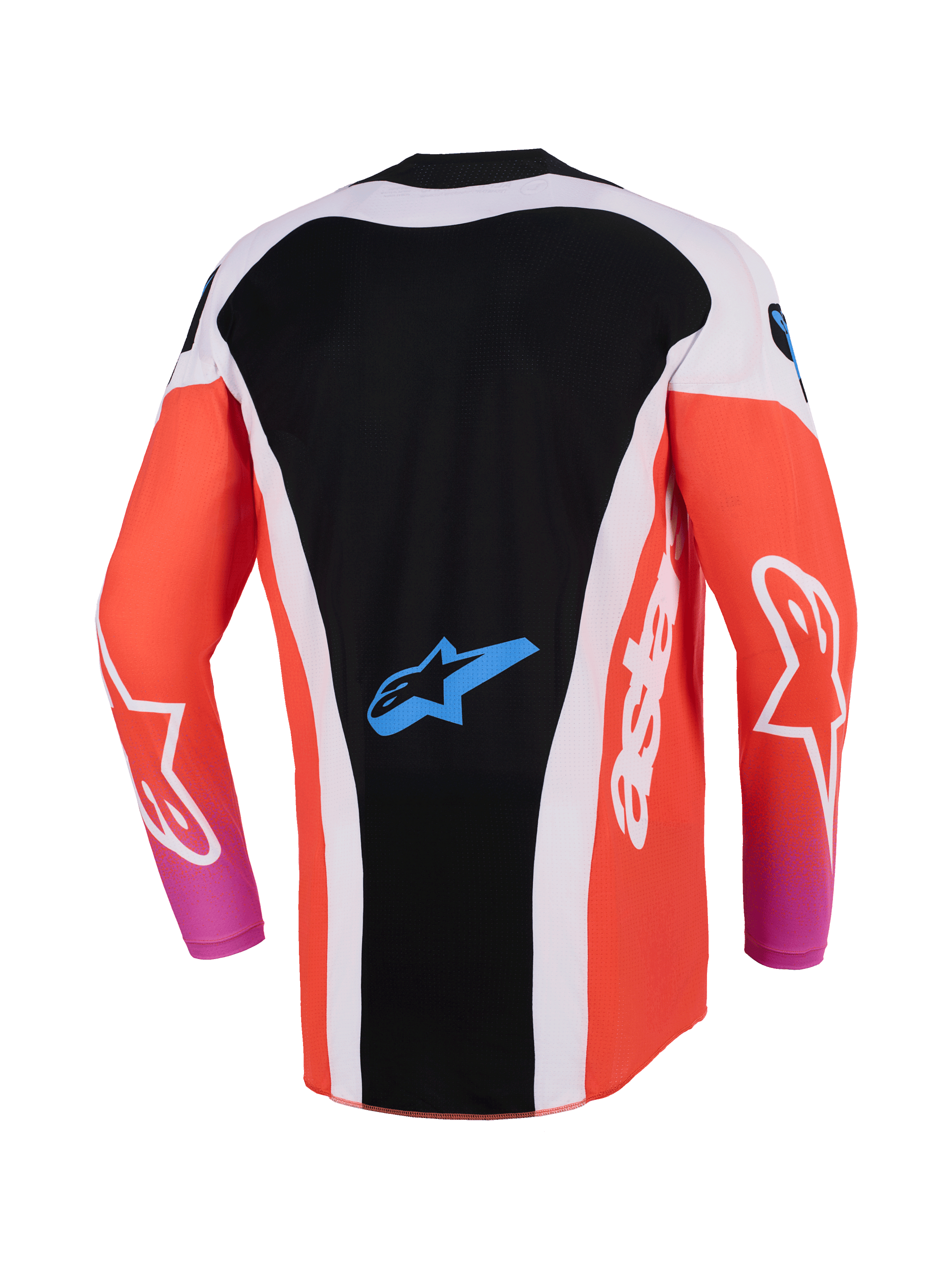 Alpinestars 2026 Techstar Knif Jersey, maglia da motocross, nero e arancione fluo, vista posteriore con design allungato, pannelli laterali bianchi, logo Astar blu sulla parte bassa della schiena, maniche lunghe, abbigliamento da gara ad alte prestazioni