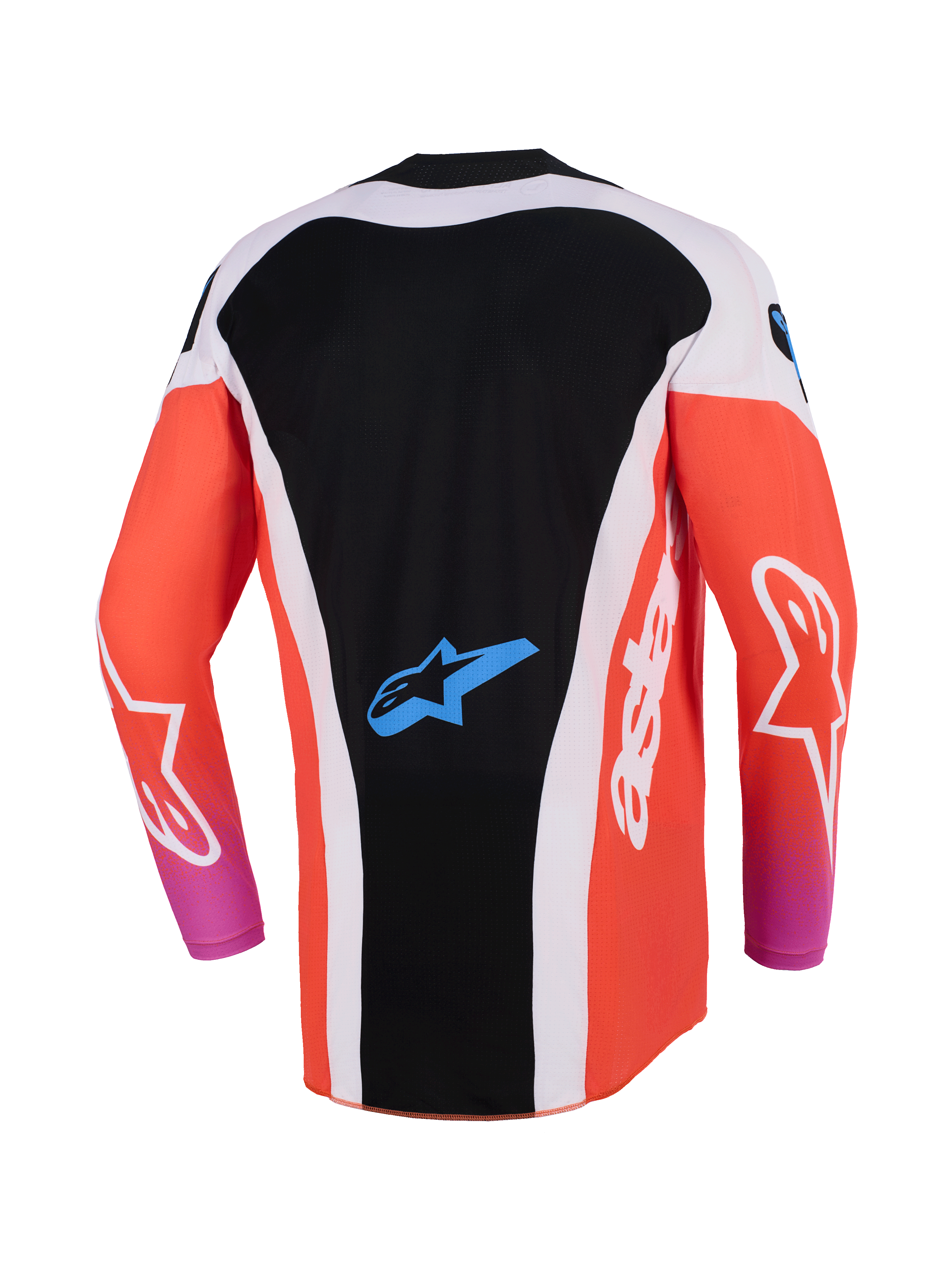 Alpinestars 2026 Techstar Knif Jersey, maglia da motocross, nero e arancione fluo, vista posteriore con design allungato, pannelli laterali bianchi, logo Astar blu sulla parte bassa della schiena, maniche lunghe, abbigliamento da gara ad alte prestazioni