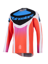 Alpinestars 2026 Techstar Knif Jersey, maglia da motocross, bianca e arancione con dettagli blu e rosa, pannello nero sul petto con logo Alpinestars, abbigliamento tecnico da gara a maniche lunghe per prestazioni off-road