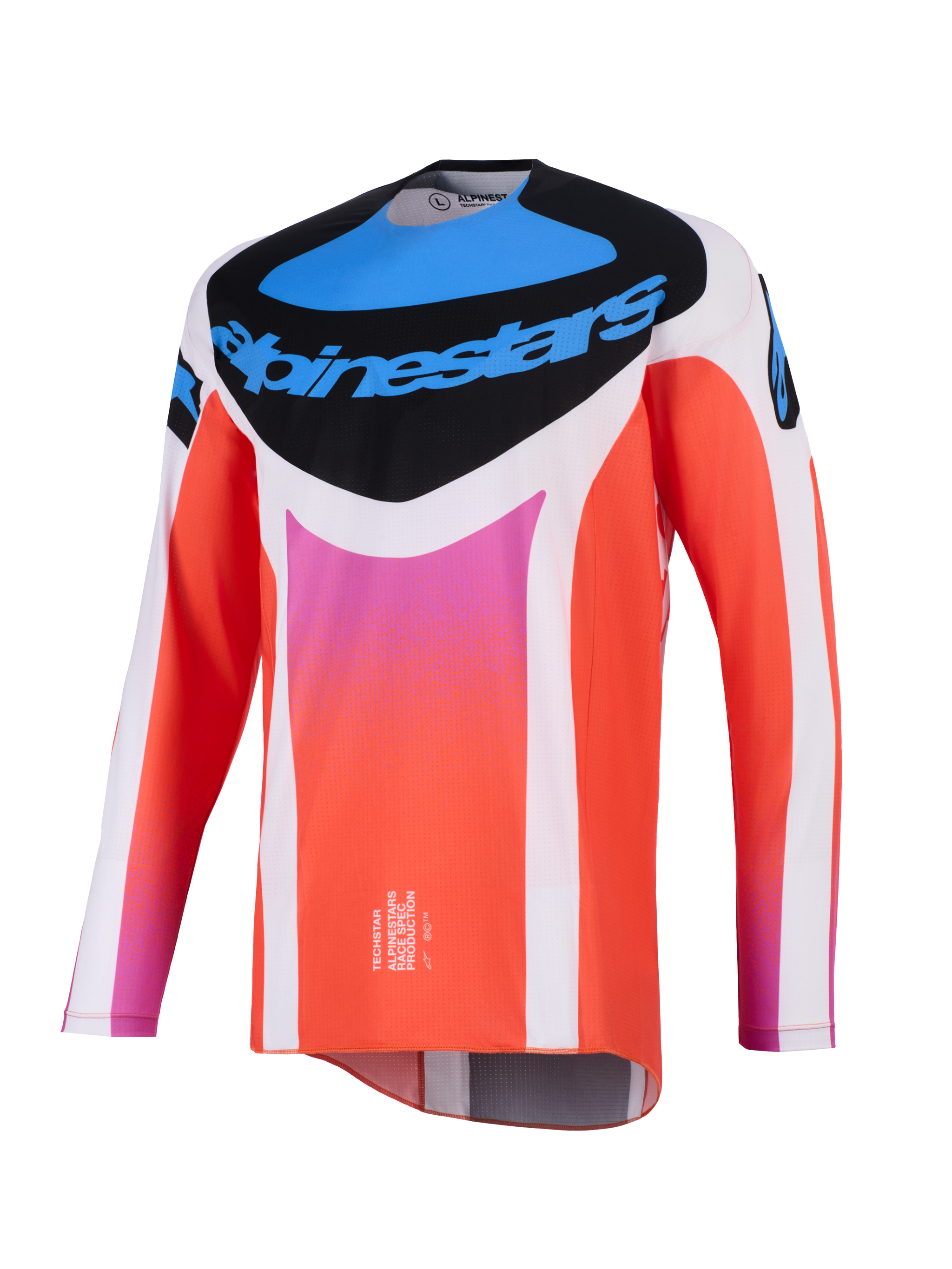 Alpinestars 2026 Techstar Knif Jersey, maglia da motocross, bianca e arancione con dettagli blu e rosa, pannello nero sul petto con logo Alpinestars, abbigliamento tecnico da gara a maniche lunghe per prestazioni off-road