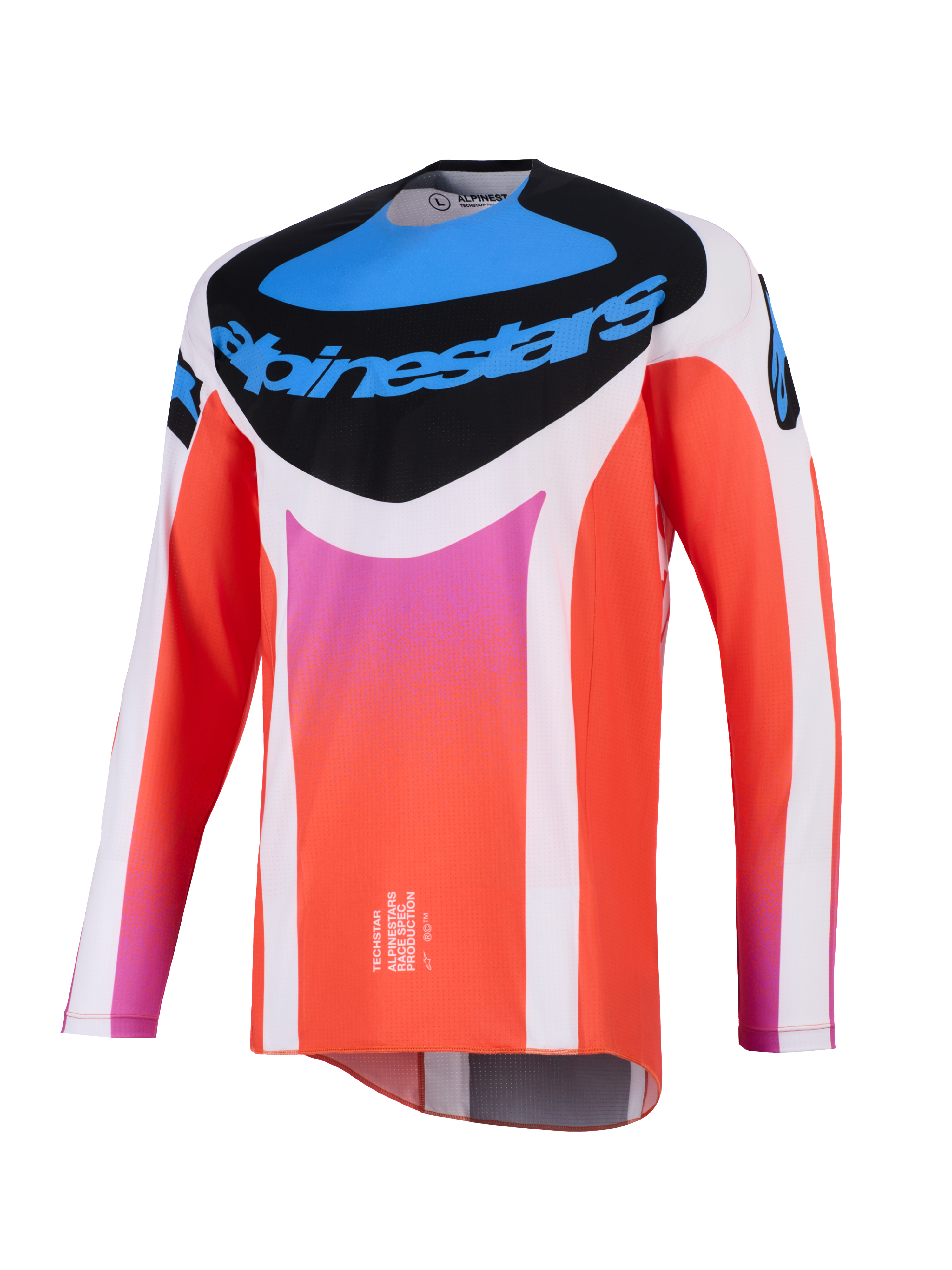 Alpinestars 2026 Techstar Knif Jersey, maglia da motocross, bianca e arancione con dettagli blu e rosa, pannello nero sul petto con logo Alpinestars, abbigliamento tecnico da gara a maniche lunghe per prestazioni off-road