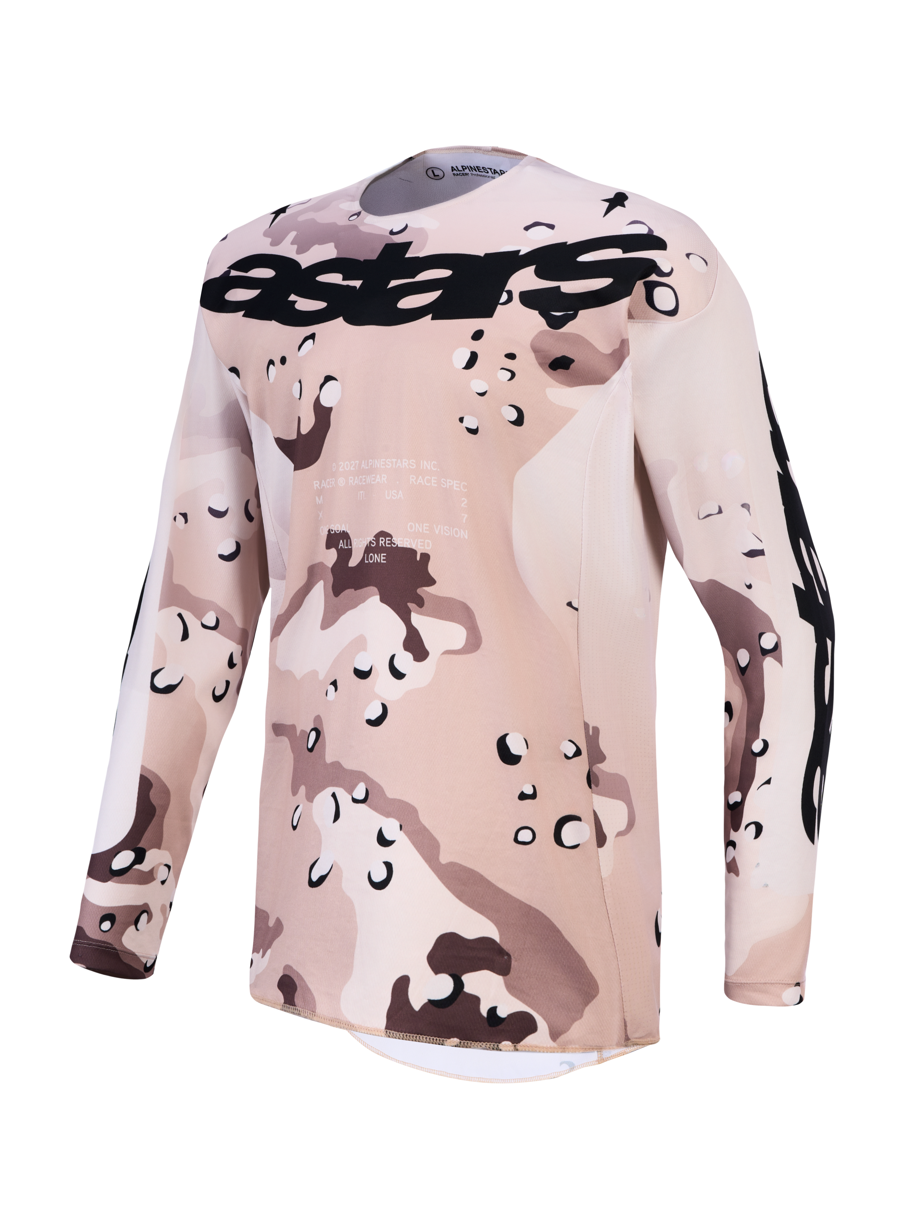 Alpinestars Maglia Racer Lone, maglia da motocross da uomo, sabbia e nero con motivo camouflage desert, in poliestere traspirante per off-road, grafica astars sul petto
