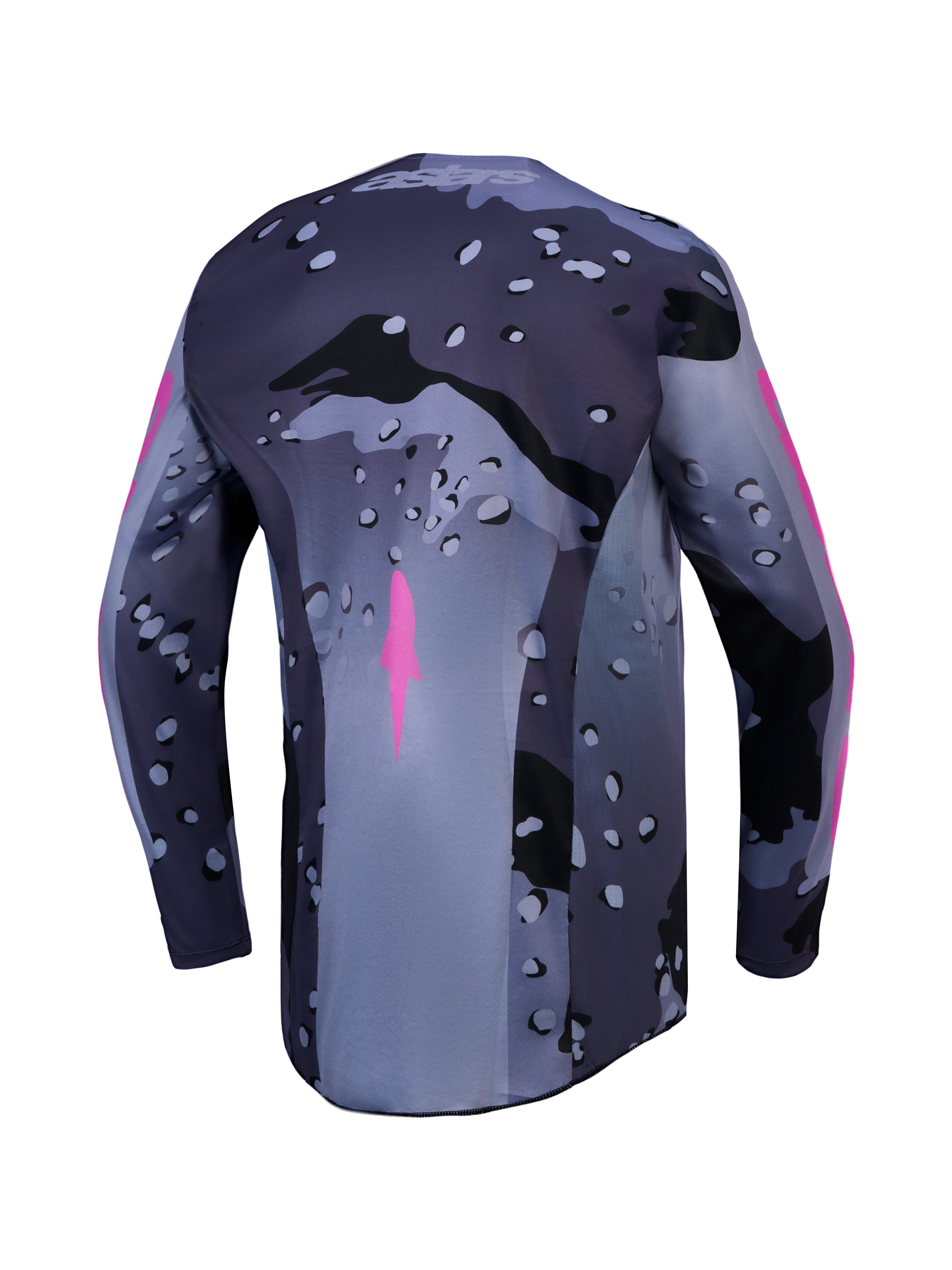 Alpinestars Maglia Racer Lone, maglia motocross da uomo, grigio e viola camo, poliestere traspirante, vista posteriore.