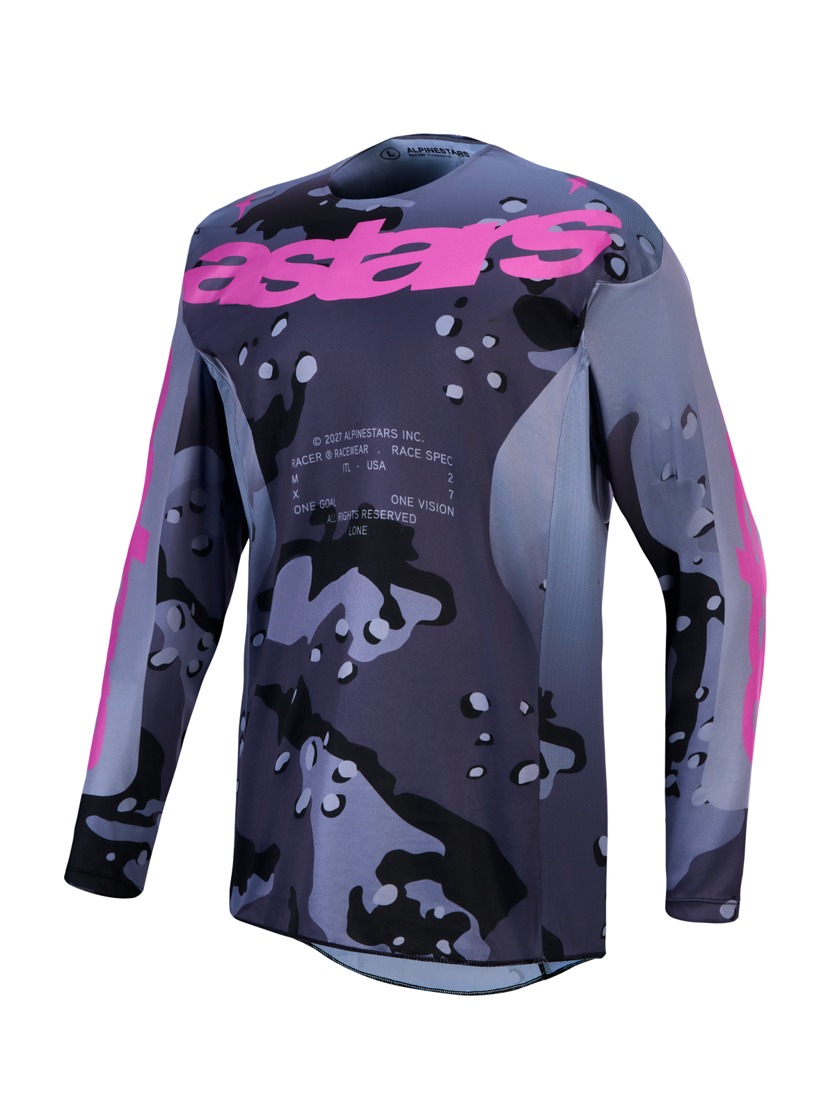 Alpinestars Racer Lone Jersey, Men's Motocross Jersey, Gray Camo and Purple, moisture-wicking polyfabric.